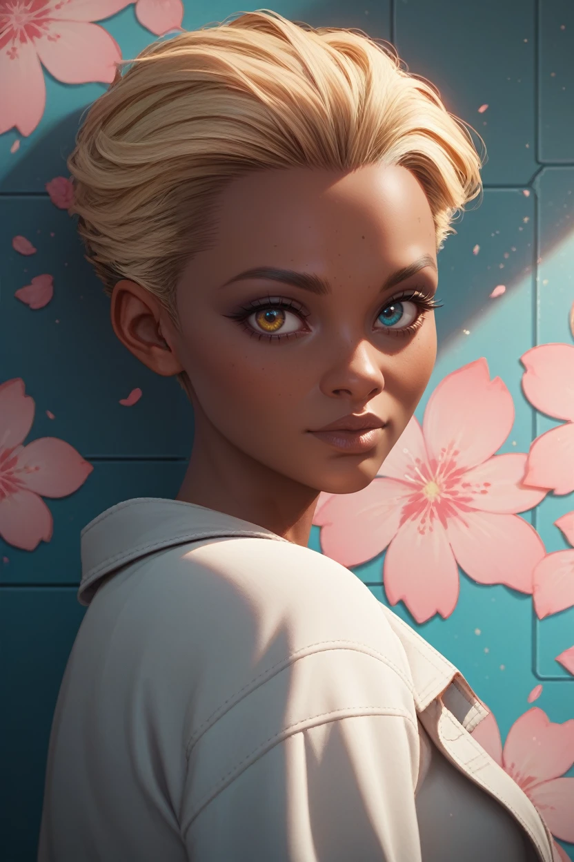 score_9, score_8_up, score_7_up, score_6_up
<lora:CyberAlex:0.8>
CyberAlex, 1girl, dark skin, short hair, blonde hair, heterochromia, cyberpunk, looking at viewer, with a floral background, bathed in soft, pastel lighting