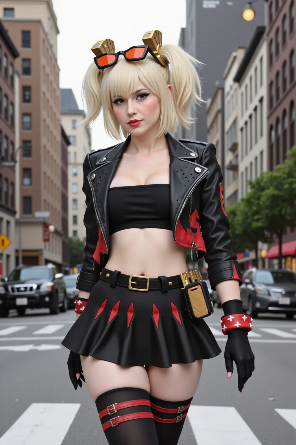 Mature Adult Woman, Burnice, Burnice White, Burnicewhite, Zenless Zone Zero, high quality, 

walking in a city street, 

Orange eyes, Eyewear on head, Sunglasses, Orange-tinted eyewear, Bangs, Blonde hair, Short hair, Short twintails, Twintails, Two side up, Hair ornament, Jacket, Black jacket, Leather jacket, Cropped jacket, Crop top, Tube top, Strapless, Midriff, Cleavage, Navel, Skirt, Black skirt, Pleated skirt, Microskirt, Miniskirt, Black thighhighs, High heel boots, Thigh strap, Black gloves, Fingerless gloves, Belt, Wrist cuffs, Spiked bracelet, Spikes