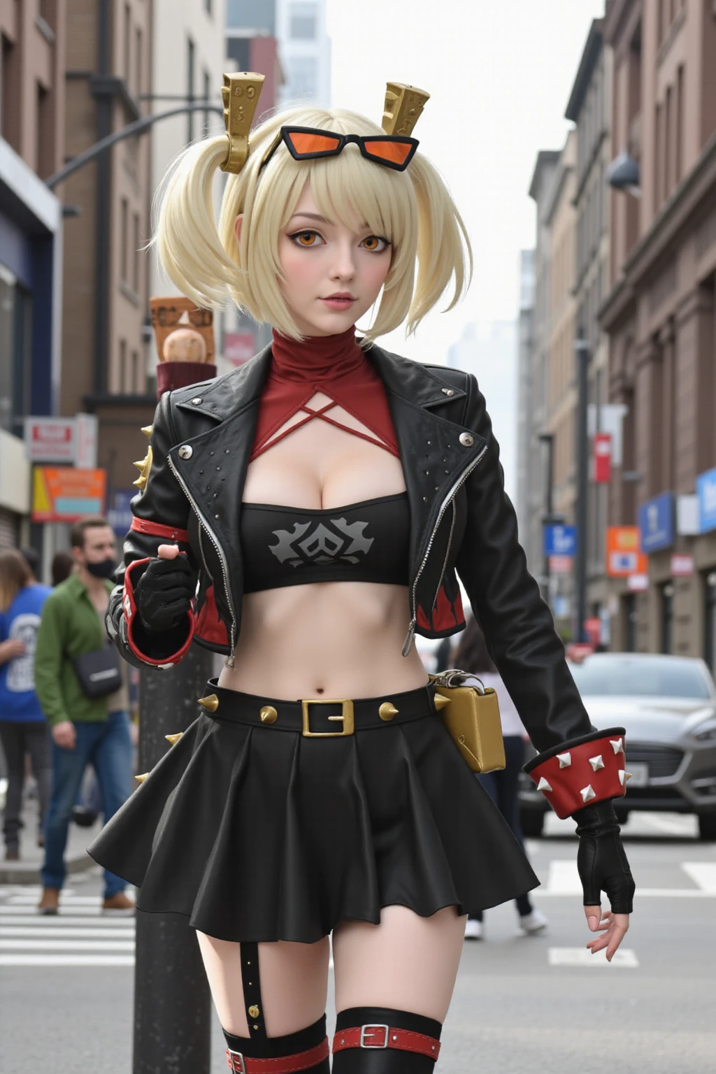 Mature Adult Woman, Burnice, Burnice White, Burnicewhite, Zenless Zone Zero, high quality, 

walking in a city street, 

Orange eyes, Eyewear on head, Sunglasses, Orange-tinted eyewear, Bangs, Blonde hair, Short hair, Short twintails, Twintails, Two side up, Hair ornament, Jacket, Black jacket, Leather jacket, Cropped jacket, Crop top, Tube top, Strapless, Midriff, Cleavage, Navel, Skirt, Black skirt, Pleated skirt, Microskirt, Miniskirt, Black thighhighs, High heel boots, Thigh strap, Black gloves, Fingerless gloves, Belt, Wrist cuffs, Spiked bracelet, Spikes