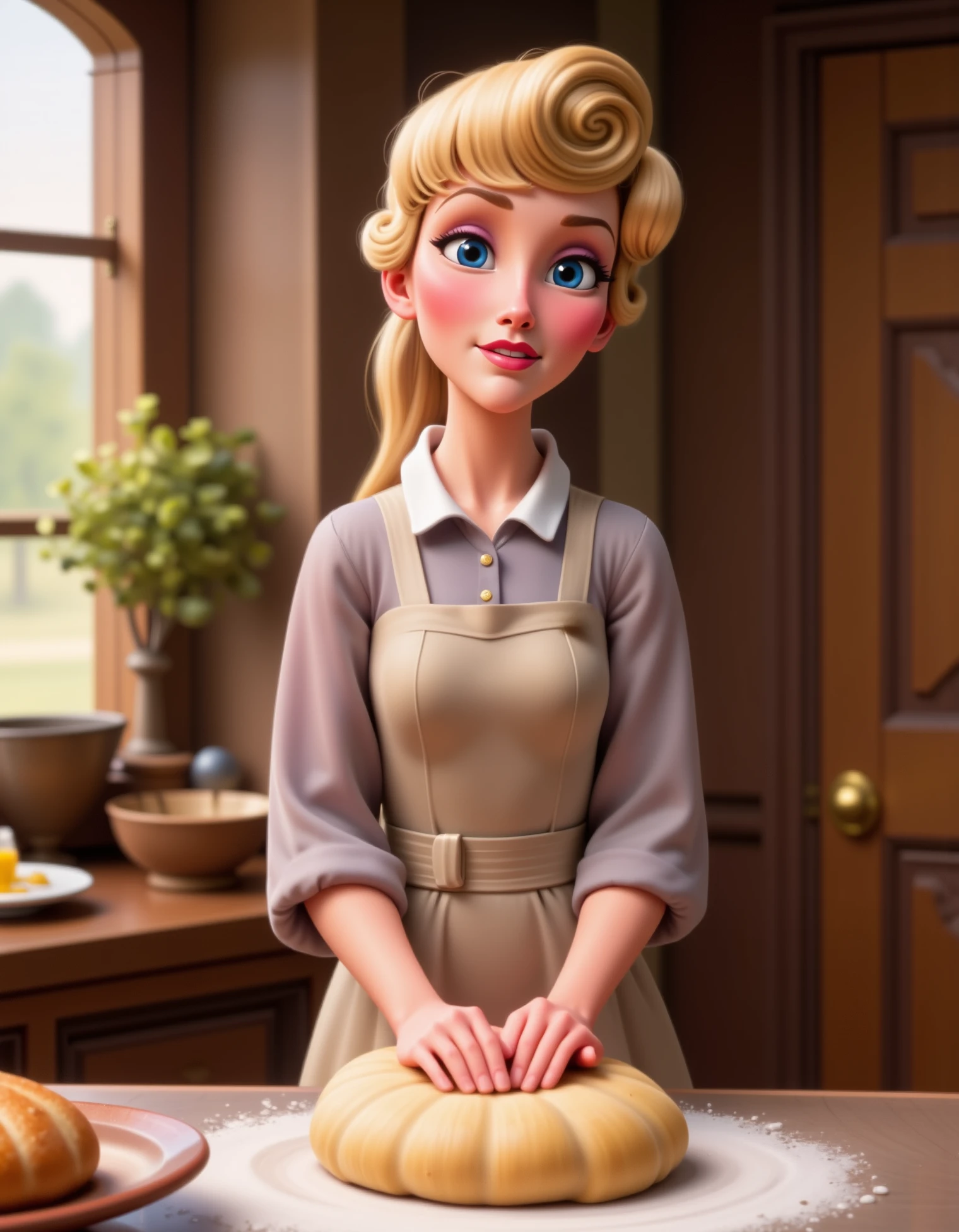 aurora, Briar Rose, casual aurora, Aurora is standing in a rustic kitchen, baking bread. She’s dressed in a simple apron over a casual dress, with her hair tied back in a loose ponytail. There’s flour on her hands, and she’s smiling warmly as she kneads the dough, disney style