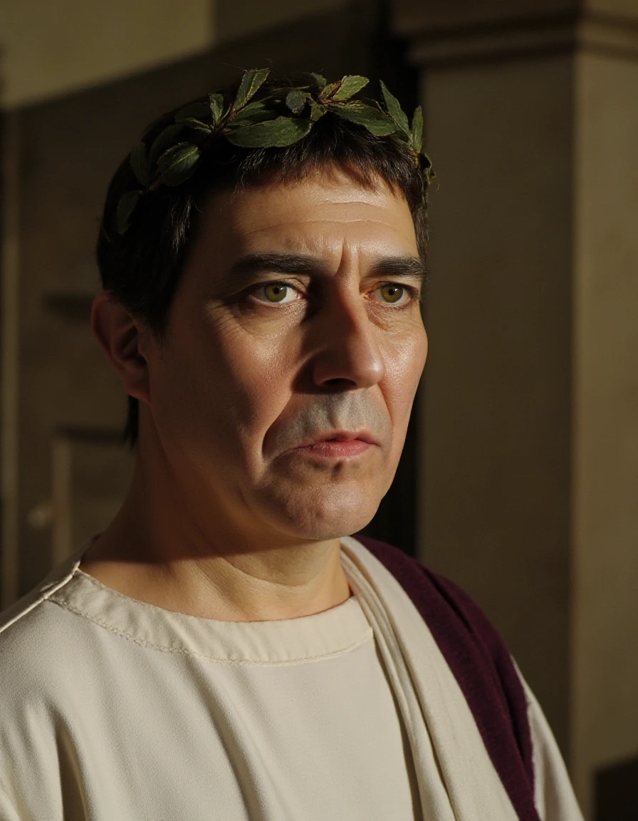 caesarrome, A close-up photograph captures the resolute features of caesarrome, his eyes seeming to pierce through the lens with unwavering intensity. He wears a traditional Roman laurel wreath on his head, its leaves a vibrant green, and a crisp white toga draped elegantly over his shoulder. A thin purple stripe runs down the center of the toga, denoting his high rank and status as dictator.
Caesar's face is illuminated by a soft, diffused light, which accentuates the sharp angles of his jawline and the deep-set eyes that seem to bore into the viewer. A hint of stubble adds a touch of humanity to his otherwise chiseled features. His nose is straight and prominent, framing a determined mouth that speaks volumes about his unyielding ambition.
In the background, a simple, neutral-colored fabric serves as a backdrop, allowing the subject to take center stage. There are no distracting elements or elaborate settings â just Caesar, his regal presence radiating confidence and authority. The image exudes a sense of timeless grandeur, as if it were plucked directly from the annals of history.
Behind him, the majestic architecture of the Roman Senate looms, its intricate carvings and frescoes telling the story of centuries past. Soft candlelight flickers, casting eerie shadows across the stone floor, adding an air of mystery to the scene. <lora:Gaius_Julius_Caesar__CiarÃ¡n_Hinds_-_Rome_Tv_Series:1.0>