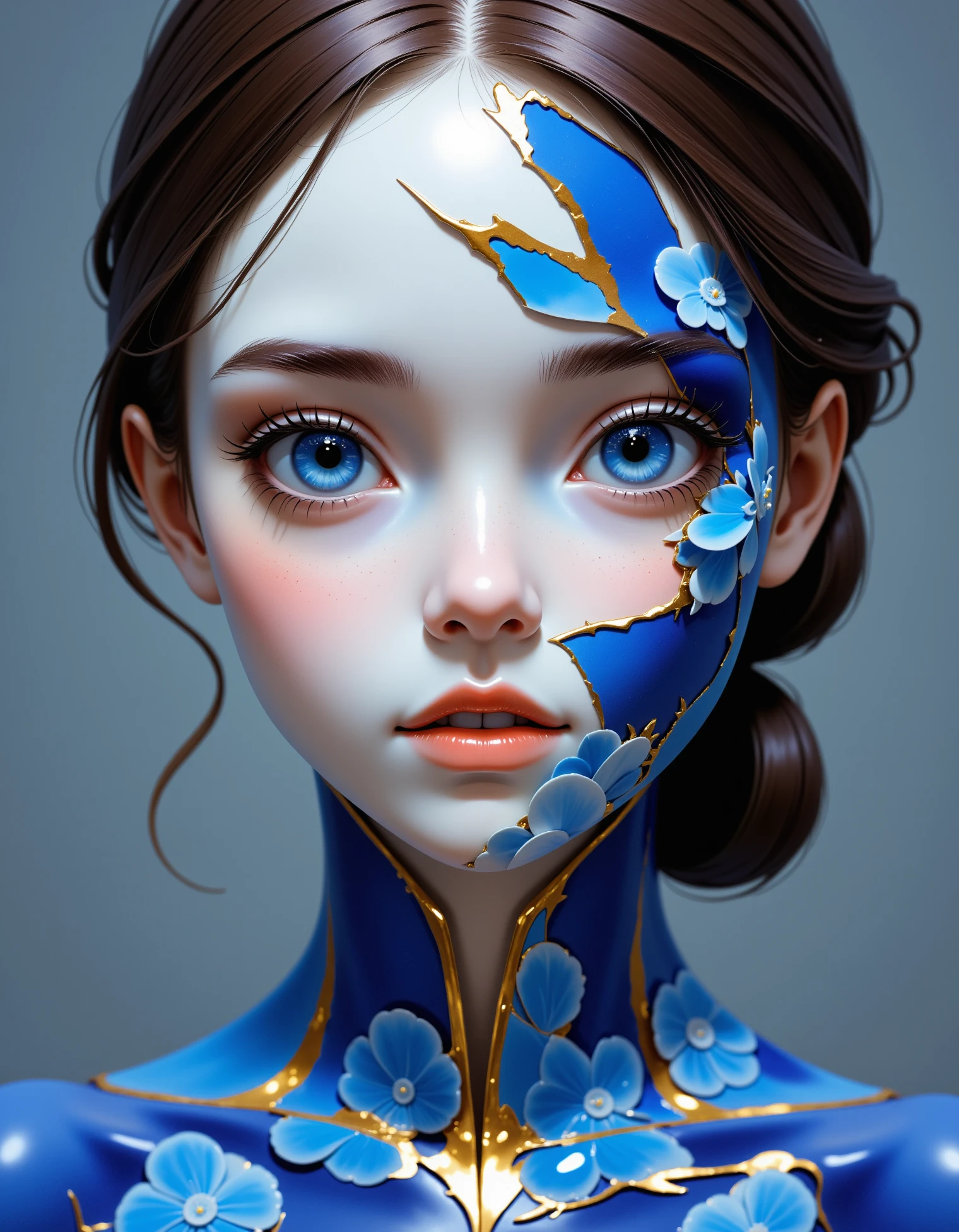 zavy-smthnm, a young woman made of delfts blauw porcelain with golden kintsugi cracks, anime style