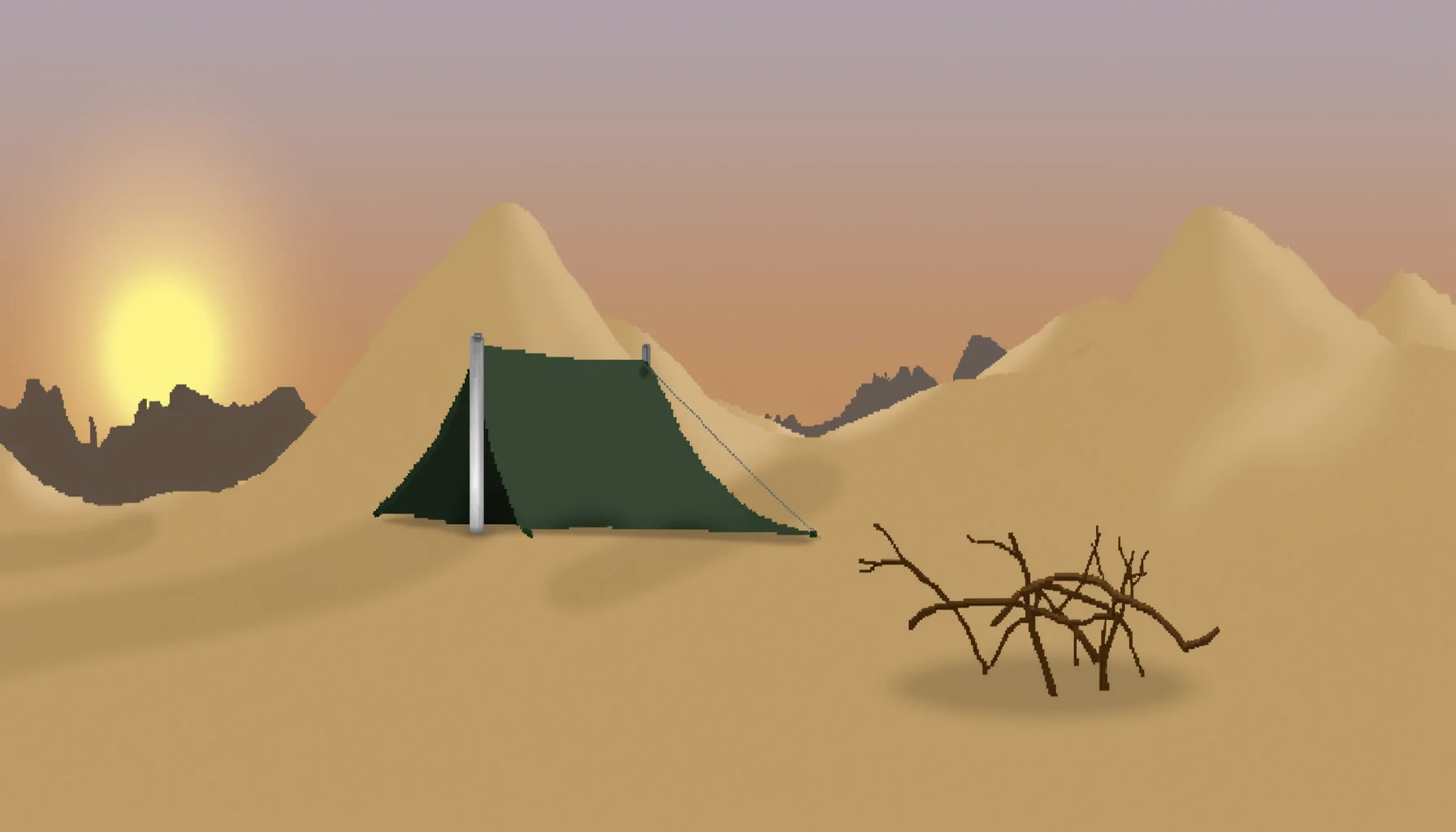 Pixel art in the style of dont escape, dontescapestyle, desert, makeshift campsite on the left side, tent facing right, small pile of ashy branches layed on top of each other near the tent, small sunrise in the distance