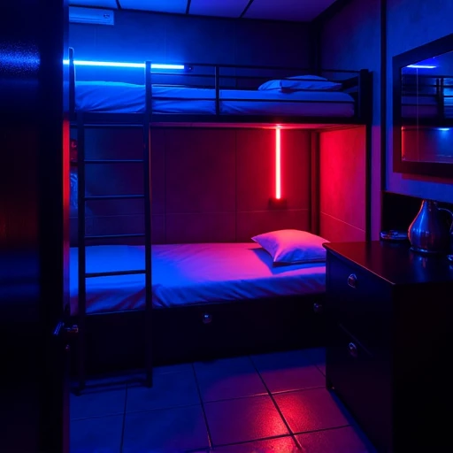 and a single pillow at the head., contributing to the overall dramatic and somewhat eerie ambiance., giving a rich, pulsating blue and red light, there's a bunk bed with a dark, glossy surface. The table has a mirror above it, This photograph depicts a compact, square tiles with a glossy, smooth material that appears to be vinyl or faux leather. The bed is on a platform with a low