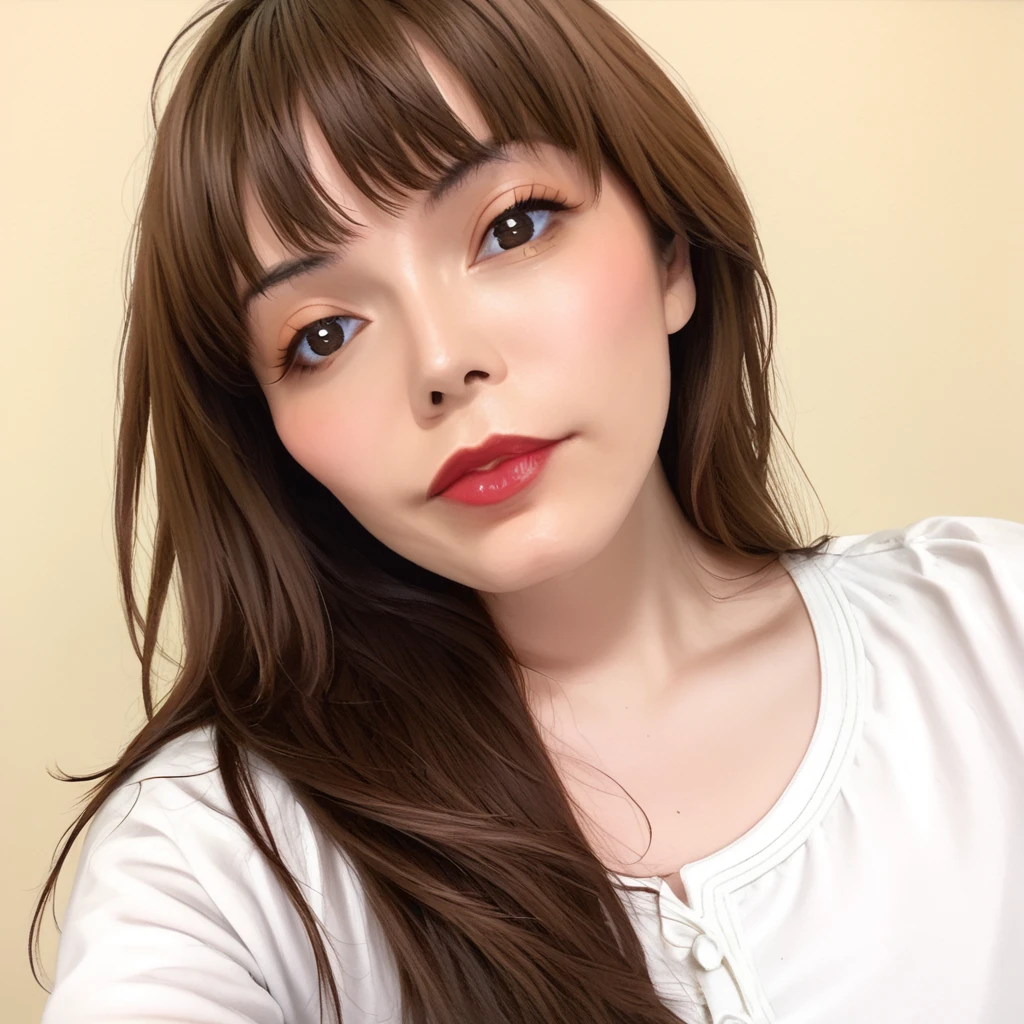 <lora:Pony_Ricki_Ortiz:1>,r1ck10rt1z, 1girl, solo, long hair, brown hair, brown eyes, looking at viewer, realistic, lips, upper body, closed mouth, simple background, red lips, bangs, white blouse