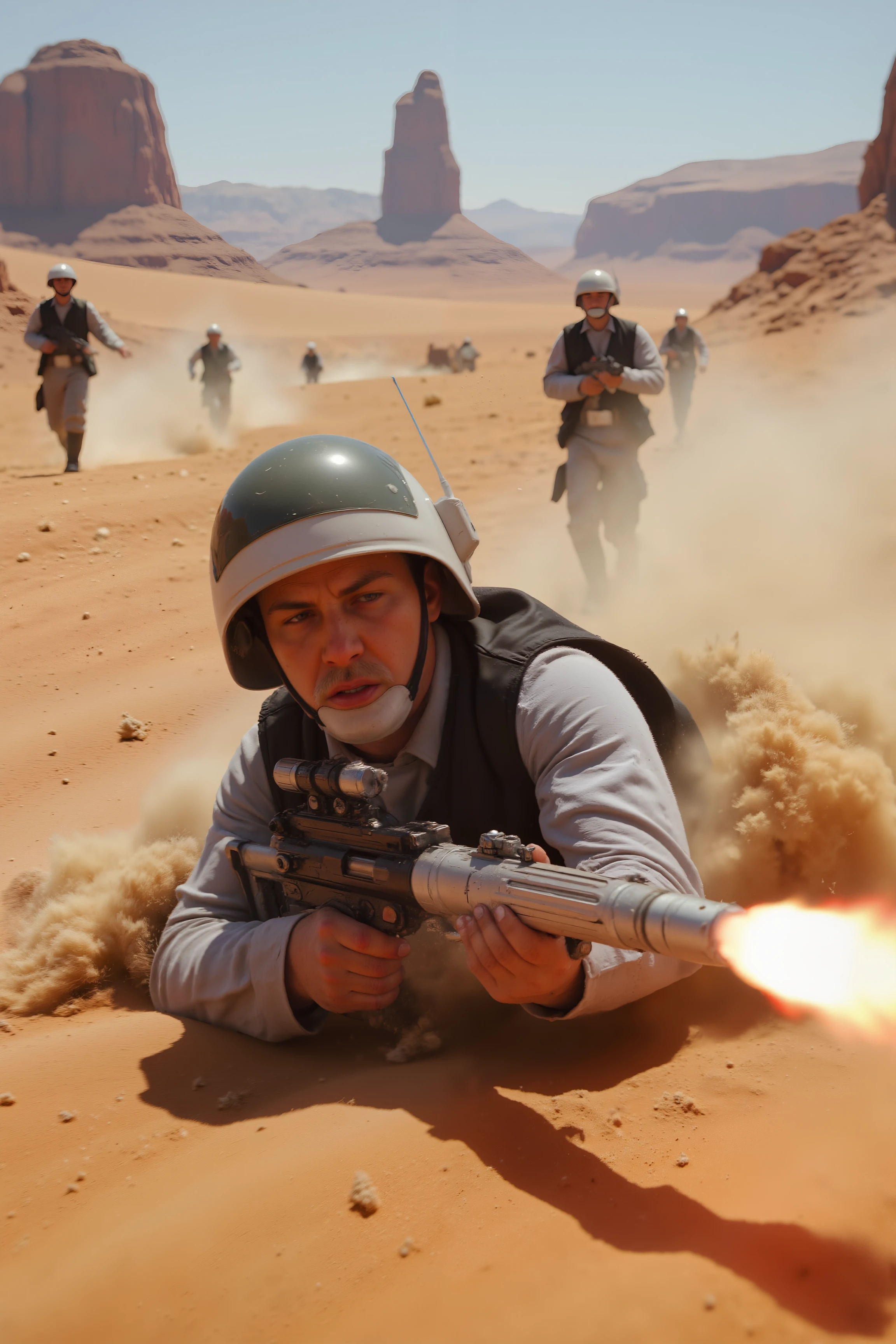 A hyper-realistic close-up of a Rebel Trooper sliding across the dusty floor of a desert planet, his blaster firing rapidly at advancing Stormtroopers. His face is set with grim determination, a thin layer of sweat and sand coating his skin. The background is a sprawling desert landscape with towering sand dunes and the crumbling remains of an ancient structure in the distance. Realistic dust kicks up around him as he moves, the vivid red of his blaster bolts contrasting against the warm, golden tones of the desert. His helmet is slightly dented, evidence of the intense skirmish, while the bright midday sun casts long shadows across the scene.<lora:REBEL_TROOPER_FLUX><lora:aidmaMJ6.1-FLUX-V0.1:0.6><lora:Movie_Portrait><lora:Flux DetailerV2>