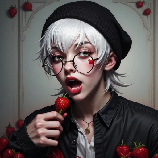 closed mouth, looking at viewer, fruit, open shirt, white hair, black rose, strawberry, knife, glasses, beanie