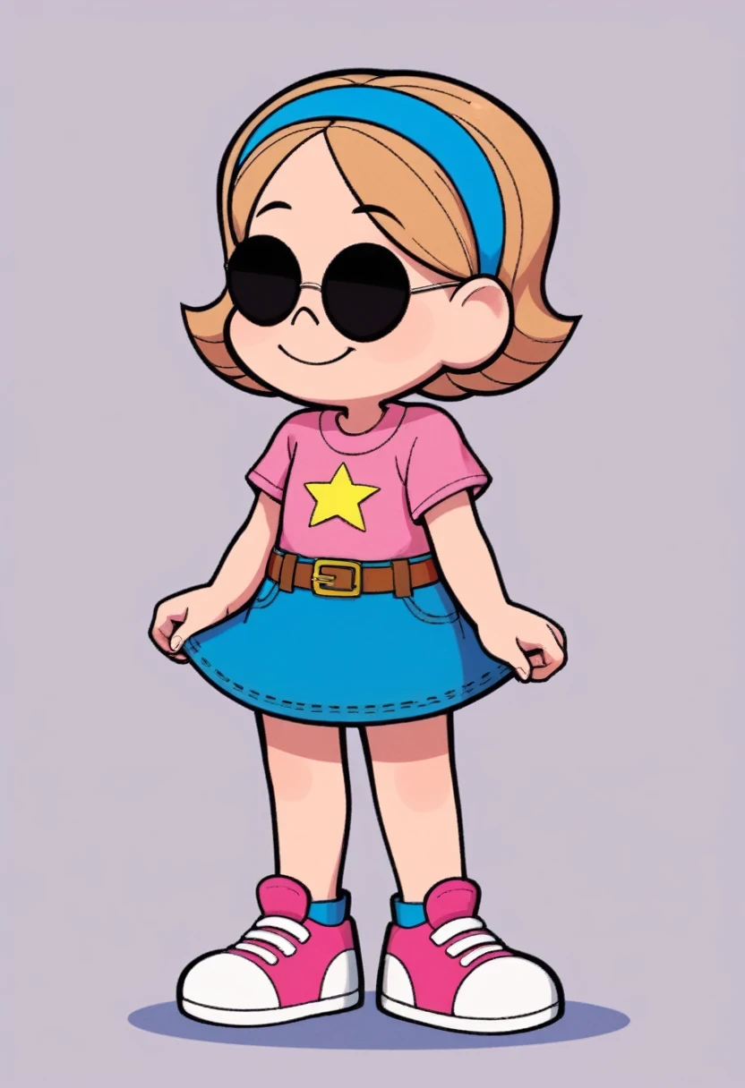 dorinha, 1girl, short hair, shirt, skirt, short sleeves, hairband, shoes, glasses, belt, blue skirt, sunglasses, denim, sneakers, pink shirt, round eyewear, pink footwear, brown belt, blue hairband, denim skirt,