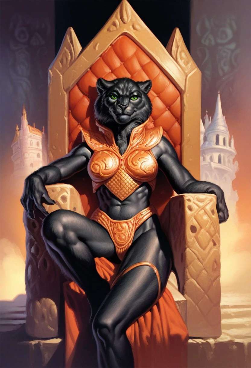 score_9_up, score_8_up, score_7_up, score_6_up, 1girl, solo, pantera, furry female, black fur, gold armor, green eyes, (lounging in a throne:1.3), fantasy castle, sly smile, (realistic), (painted art)
