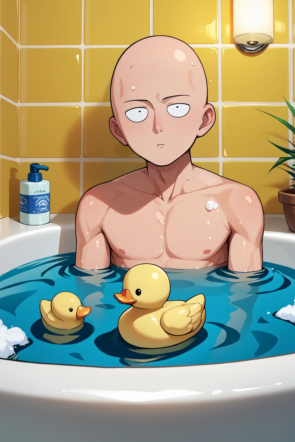 score_9, score_7_up, source_anime, 0pm, 1boy, bald, brown eyes, topless, bathing, submerged, lying, indoors, night, tile wall, bathtub, rubber duck, foam, <lora:Hoseki_OnePunchMan_Saitama_PDXL_v1:1>