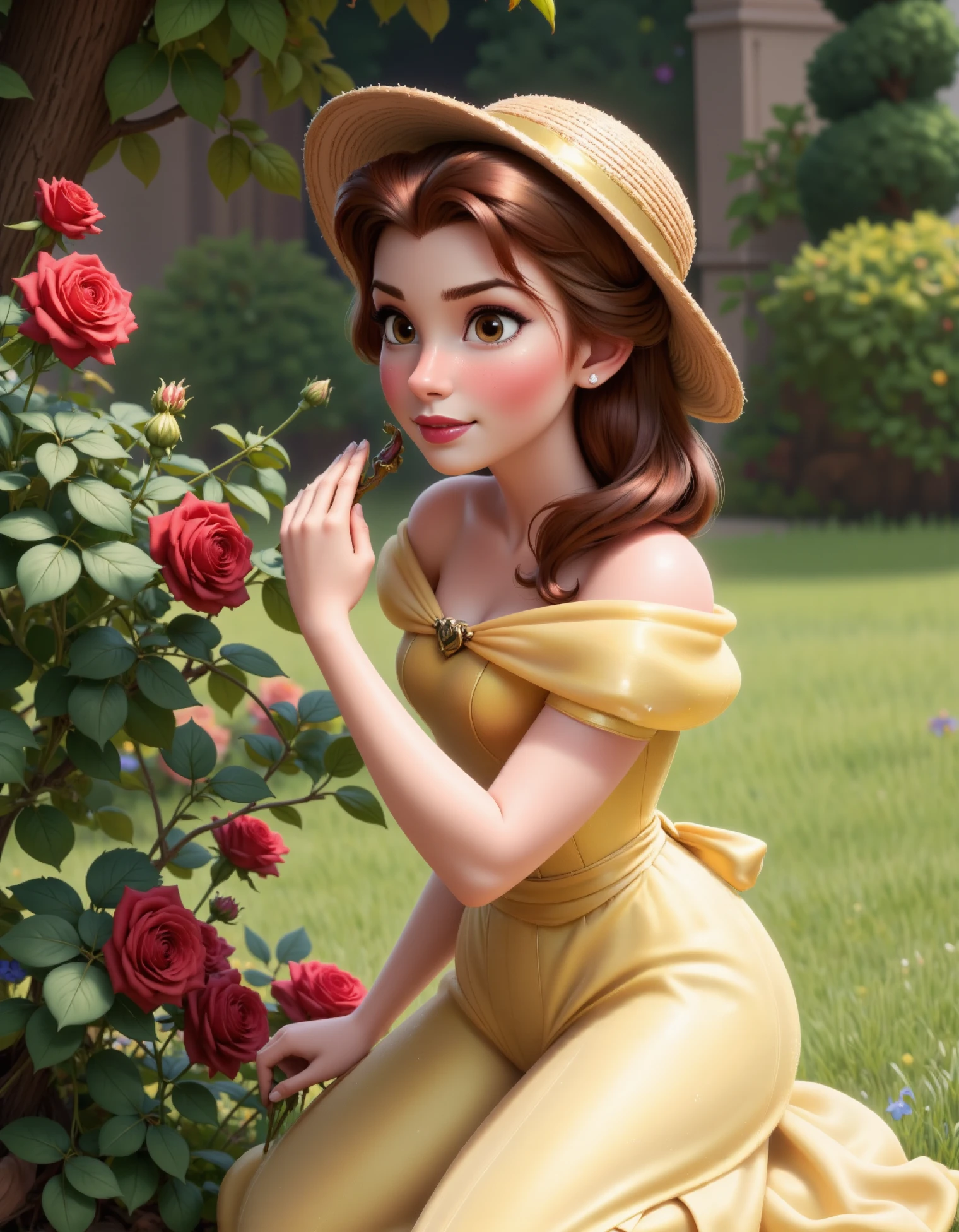 Belle, casual belle, Belle is kneeling beside a rose bush in a beautifully maintained garden, wearing a light, floral dress with a straw hat. She’s gently tending to the flowers with a small pair of gardening shears, her face serene and content, disney style