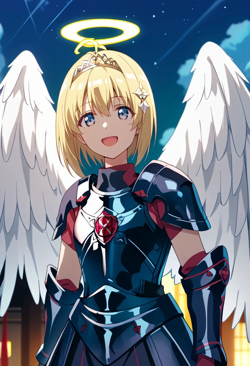 score_9,score_8_up,score_7_up,source_anime, Kaede Honjou (Loving Sacrifice),1girl,solo,looking at viewer,smile,open mouth,heart,:d,wings,white armor,halo,tiara,feathered wings,angel wings,white wings,angel,