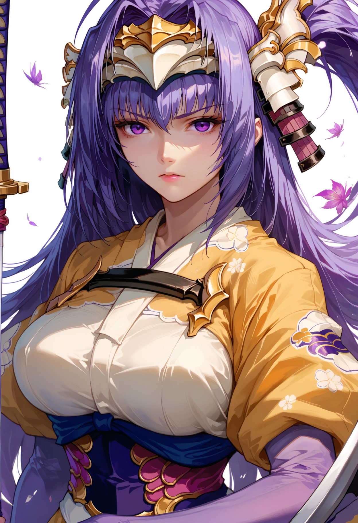 score_9, score_8_up, score_7_up, source anime, senhime, 1girl, solo, long hair, purple eyes, purple hair, weapon, large breasts, armor, japanese clothes, white thighhighs, musket, very long hair, looking at viewer, japanese armor, bridal gauntlets, obi, short kimono, headgear