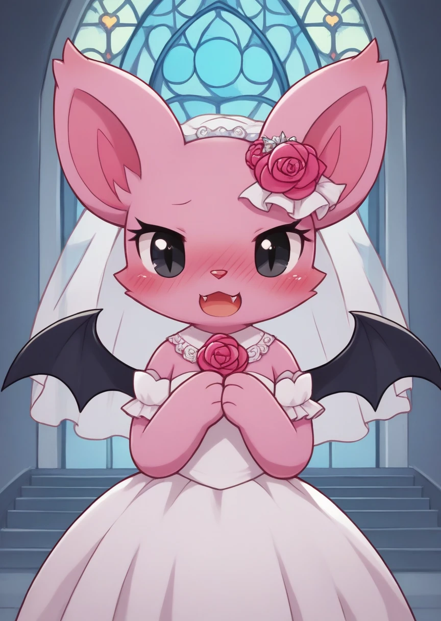 score_9, score_8_up, score_7_up, score_6_up, score_5_up, BREAK
Debi, anthro, female, 1girl, blush, bat wings, furry, wings, furry female, open mouth, church, hair ornament, flower, solo focus, nose blush, pink skin, colored skin, hair flower, animal nose, fang, black eyes, wedding dress, wedding veil