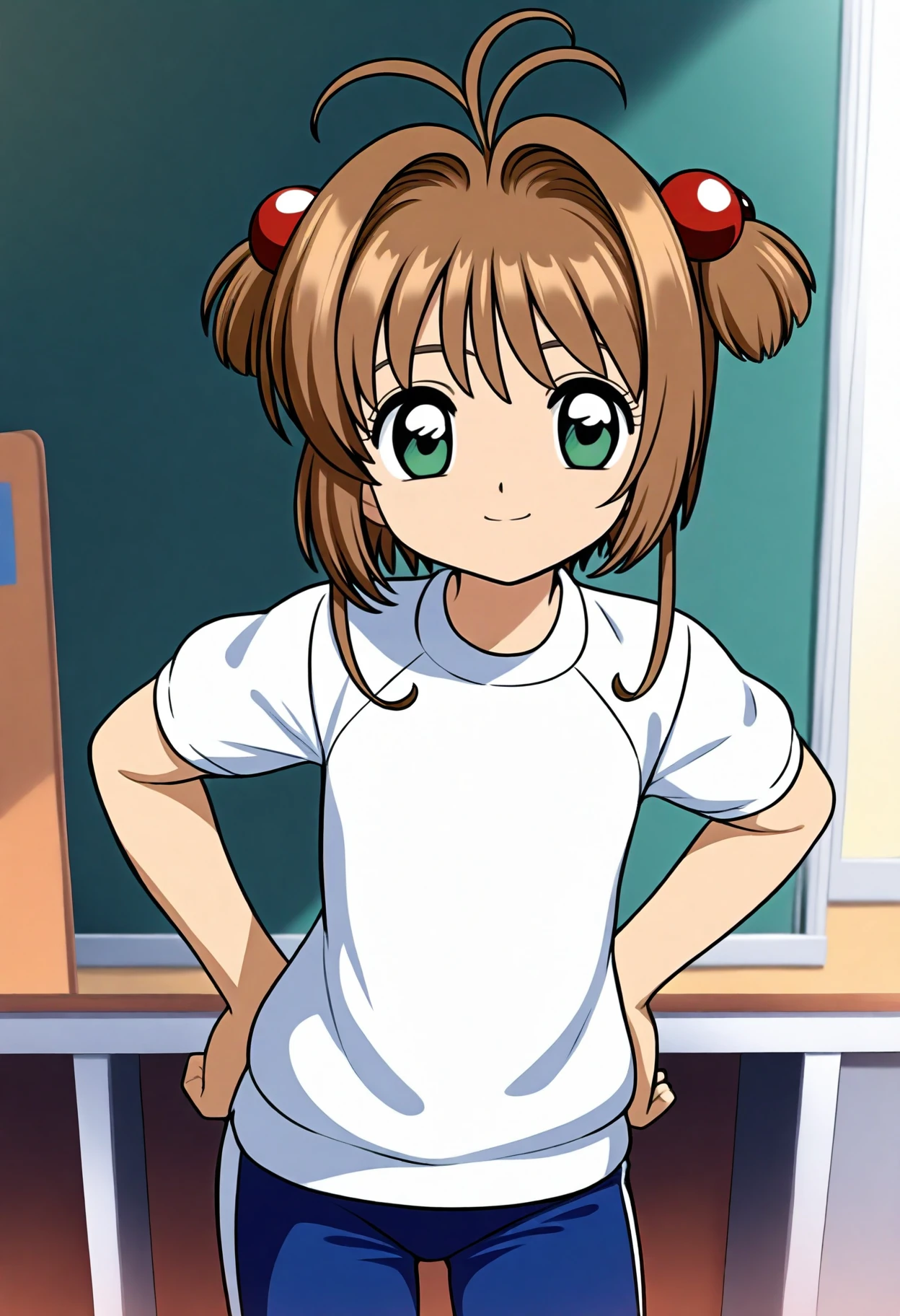 best quality, amazing quality, very aesthetic, absurdres,
1girl, kinomoto sakura, antenna hair, brown hair, short hair, hair bobbles, green eyes,
gym uniform, white shirt, sport pants, smile, hands on hips, standing, solo, looking at viewer, indoors, classroom background   <lora:SakuraCardCaptorIllustriousXL_byKonan:1>