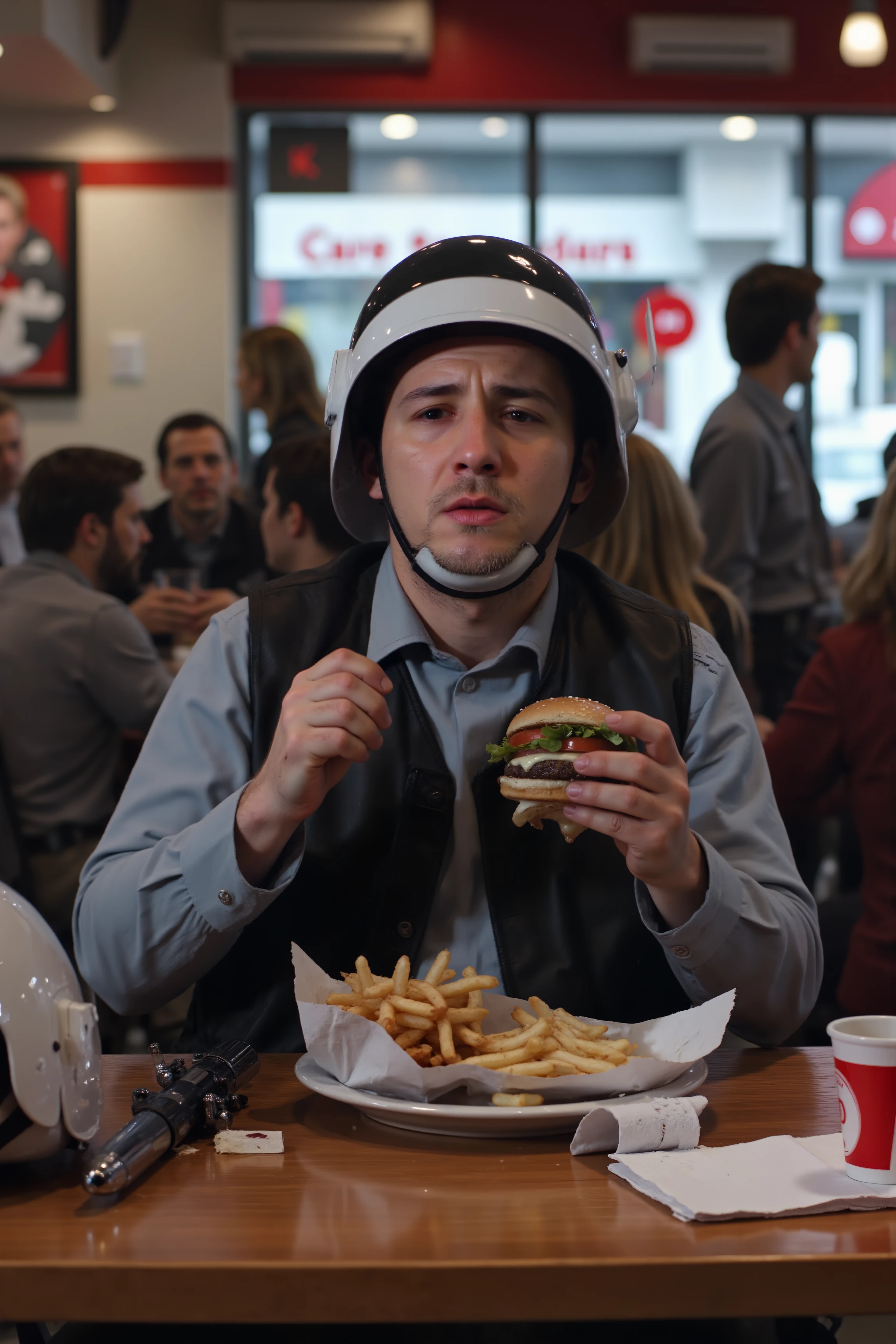 A hyper-realistic close-up of a Rebel Trooper sitting at a crowded fast-food restaurant, nervously poking at a burger with his blaster laid across his lap. His helmet sits on the table next to a tray of fries, and his expression is one of deep uncertainty as he tries to figure out how to eat without removing his armor. The background reveals a bustling Earth fast-food joint, with customers chatting and the smell of grease hanging in the air. Realistic ketchup packets and napkins are scattered across the table, and the Trooper glances around, hoping no one notices as he awkwardly tries to lift the burger to his mouth.<lora:REBEL_TROOPER_FLUX><lora:Flux DetailerV2><lora:aidmaMJ6.1-FLUX-V0.1:0.6><lora:Movie_Portrait>