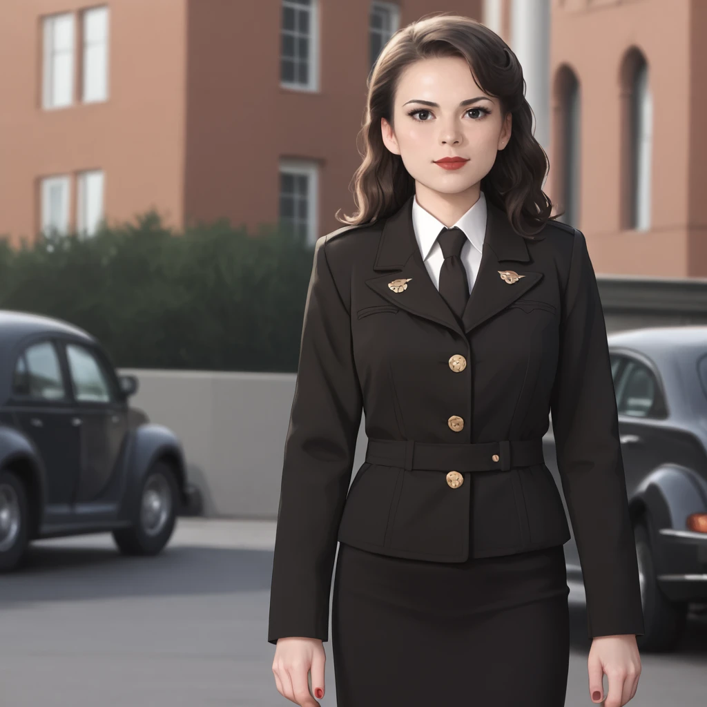 <lora:peggycartermcu_pony_v1:.8>PeggyCarterMCU, 1girl, black eyes, shirt, buttons, black long hair, black necktie, black jacket, black skirt, black coat, long sleeves, red nails