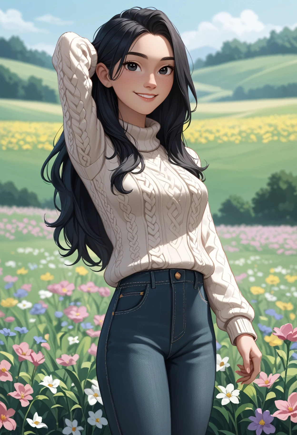 zPDXL3, score_9, score_8_up, score_7_up, score_6_up, score_5_up, score_4_up, 
1girl, solo, medium breasts, 
light smile, arm up,
aran sweater, capri pants, 
flower field,
<lora:Coral Island - Lily:0.6> cilily, black hair, long hair, black eyes,