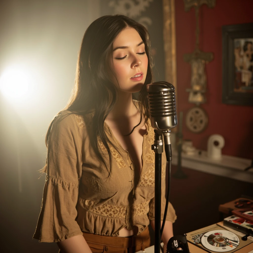 A still from a music video captures elise_trouw singing into a vintage microphone. She wears a beige blouse with intricate patterns and her long hair flows down her back. The background is a dimly lit room with a spotlight illuminating the scene, casting a warm glow on the woman. The room is decorated with various items, including a red wall with a mask and a decorative item, and a CD is visible in the bottom right corner. The color palette is dominated by earthy tones, with the beige of the blouse contrasting against the red wall.