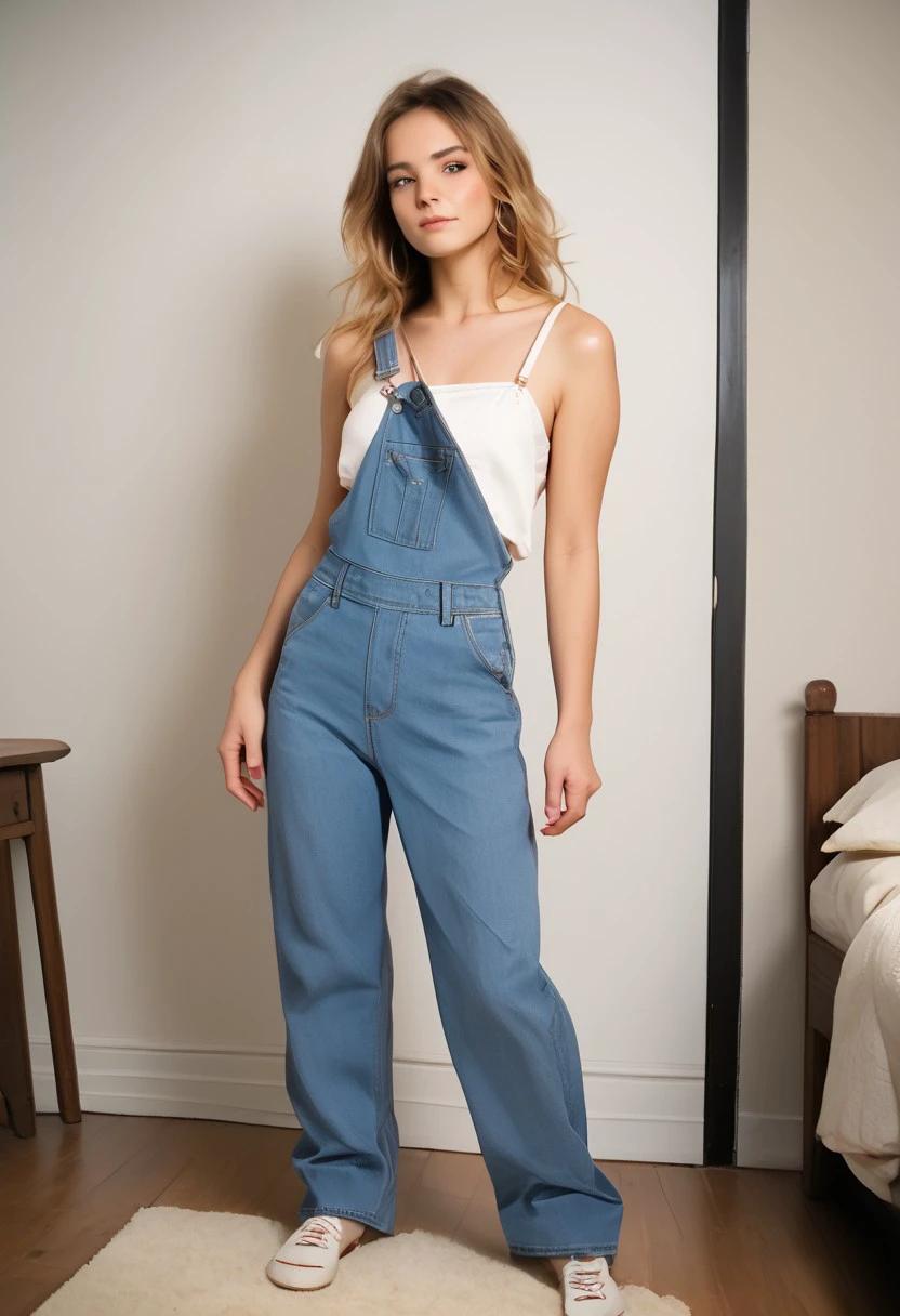 score_9, score_8_up, score_8_up, (photorealistic, real photo), (1woman), sexy, flirty, cute face, highly detailed face, god rays, sharp outlining, high contrast, photorealistic, real photo, realistic, dramatic light, 1girl, overalls, one loose strap, full body, dressing room
