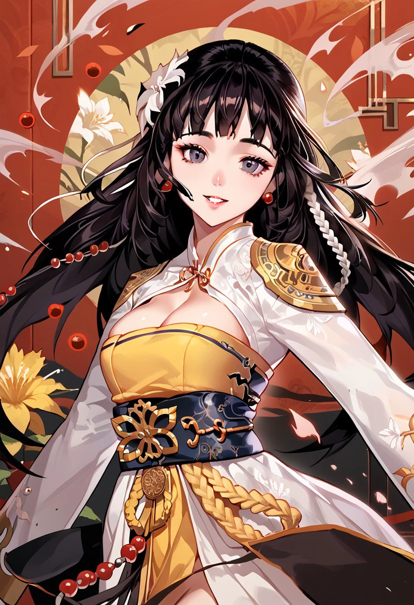 score_9,score_8_up,score_7_up,source_anime, SHAMAN_(DUNGEON_AND_FIGHTER),1girl,solo,breasts,looking at viewer,smile,long sleeves,hair ornament,dress,jewelry,braid,flower,earrings,parted lips,teeth,hair flower,head tilt,chinese clothes,cleavage cutout,beads,