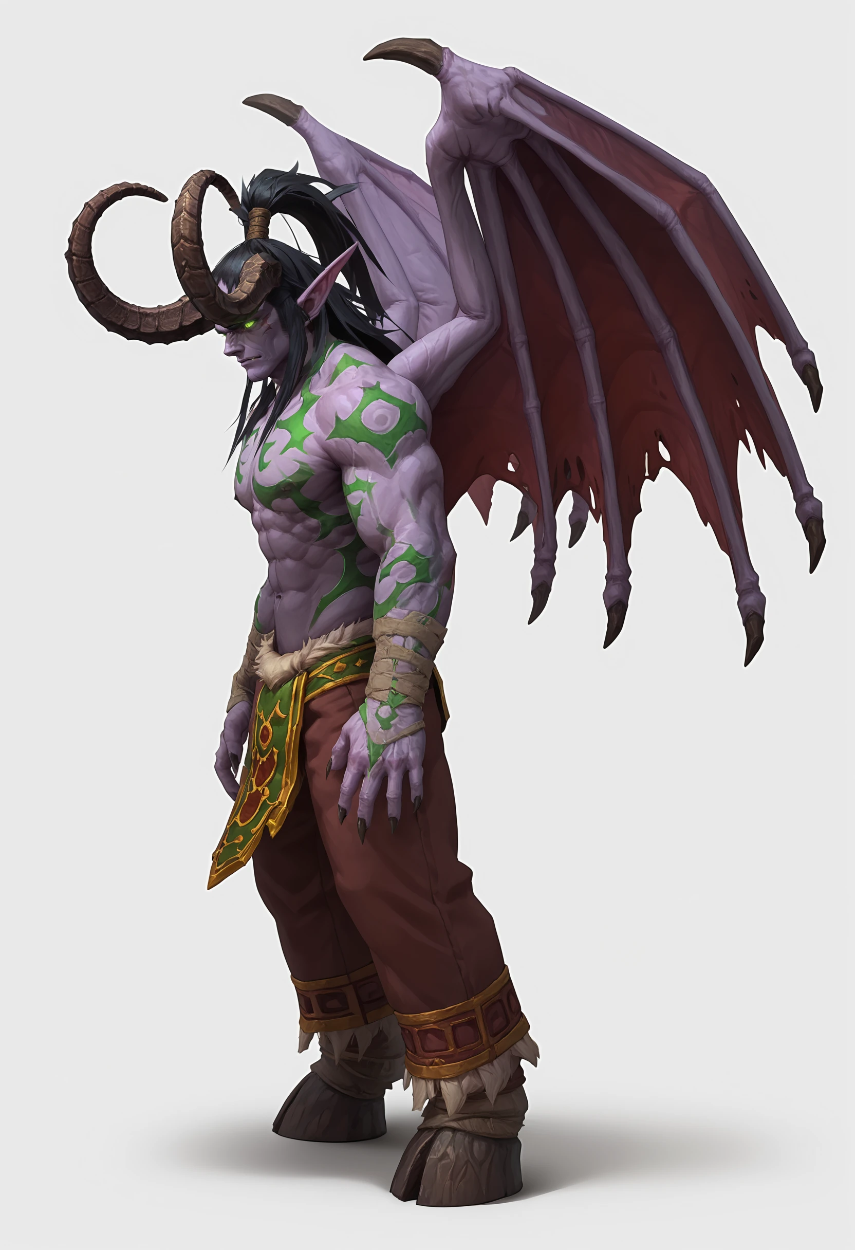 score_9, score_8_up, score_7_up, score_6_up, score_5_up, score_4_up, 1boy <lora:IllidanWOW_r1:0.85>  male focus, horns, wings, colored skin, purple skin, demon wings, black hair, pointy ears, long hair, glowing eyes, abs, topless male, full body, standing, from side, 
simple background,