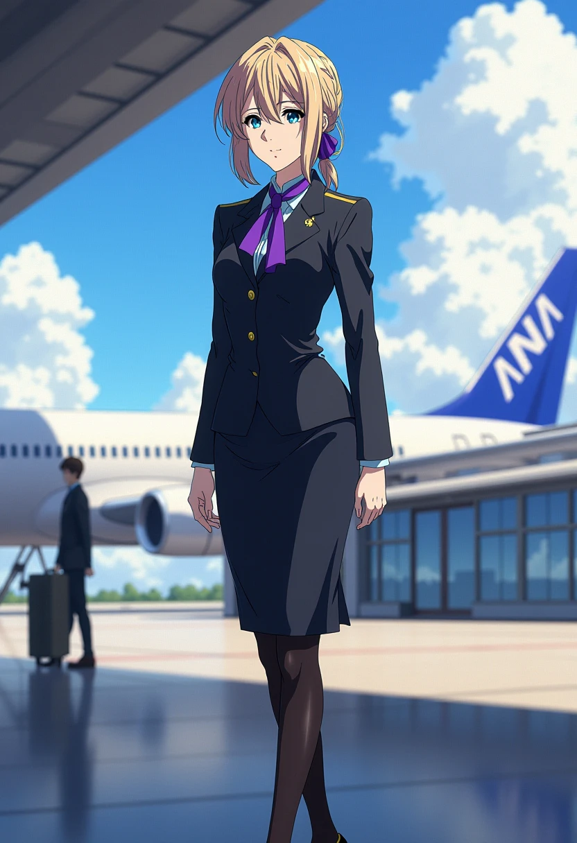 Anime style, sharp, high contrast and highly detailed. Ghibli anime style. Perfect anatomy. Perfect body ratio. No oversized head. No blurry, out of focus pictures. No simple background, no single color background
 <lora:Violet_evergarden_violet_flux_2_2:1> violeteg, blonde,,
 She is standing in a futuristic airport, with sunshine, blue sky and white cloud in the background. takemi_tae wears a sleek and professional airline attendant uniform inspired by Japanese aesthetics, similar to the uniforms of ANA (All Nippon Airways). The uniform should consist of a tailored black jacket with a subtle sheen, featuring a structured, fitted design with long sleeves and a single-button closure. Beneath the jacket, the attendant wears a light blue collared shirt, neatly tucked into a matching knee-length pencil skirt. Around the neck is a silk scarf in a vibrant, bold color such as purple or blue, tied elegantly to add a touch of flair and sophistication. The outfit is complemented by sheer black tights and polished black dress shoes with low heels, designed for both style and comfort. She looks mature, gentle and elegant. She is looking at the viewer with a beautiful smile.