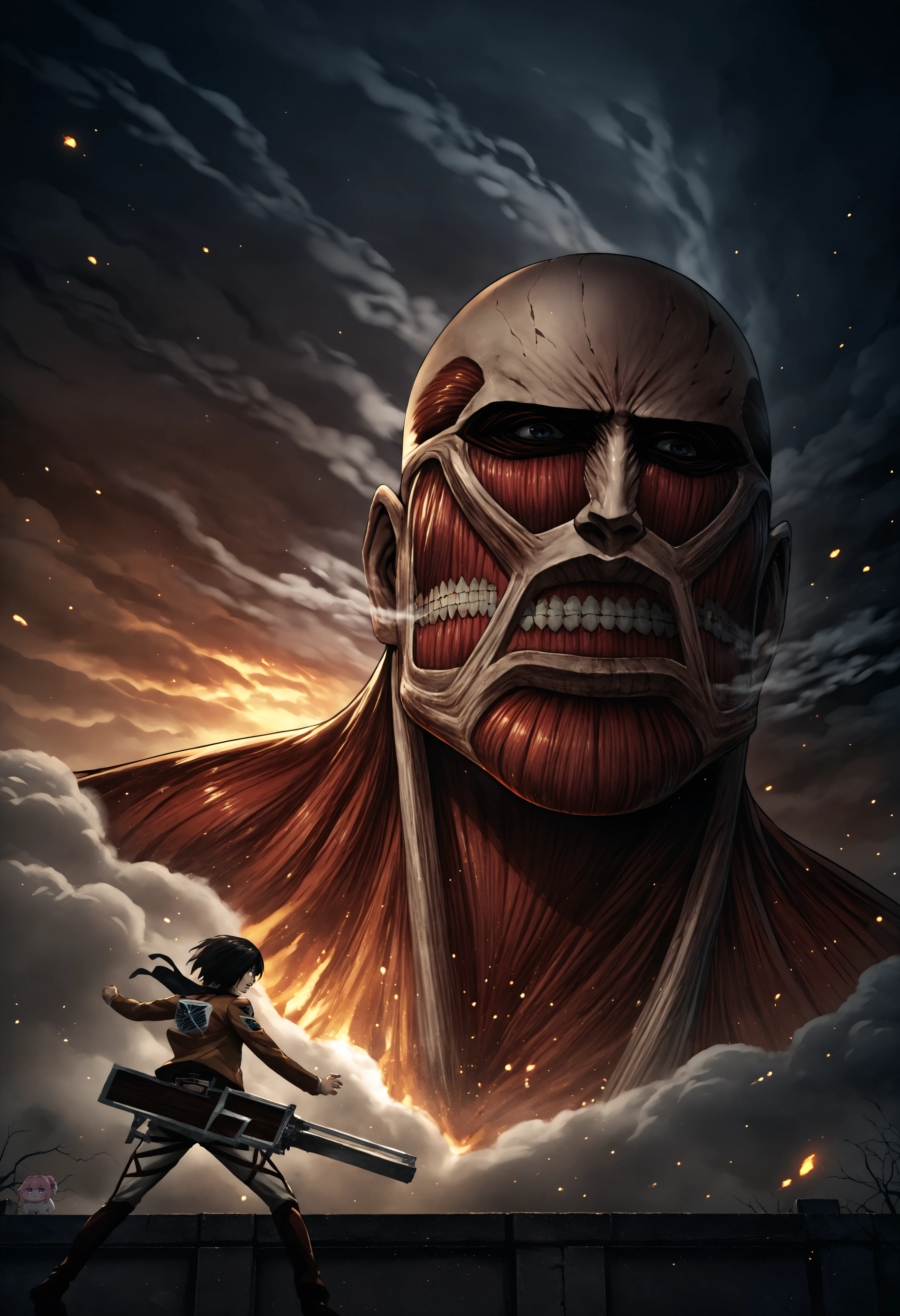 <lora:colossaltitan_aot_xypher_pdxl_v1:1> score_9, score_8_up , score_7_up BREAK source_anime, colossal titan, bald, red skin, teeth, ribs, giant, steam, fog, embers, sunset, storm, shingeki no kyojin, soft particles, size difference, [weapon:0.15]