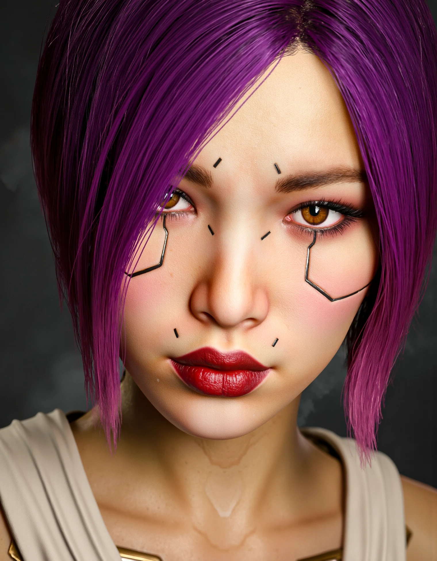 zavy-sngbrd-flx, sngbrd-chrm, a gorgeous young woman, dark red lipstick, smokey eyes make-up, brown eyes, purple short hair style, extreme close-up face view, cyberware