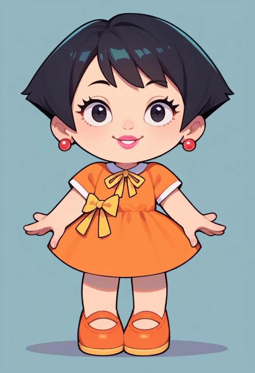 keika, 1girl, short hair, black hair, dress, jewelry, short sleeves, earrings, black eyes, orange dress, orange shoes, yellow ribbon on skirt, pink lips, lipstick,