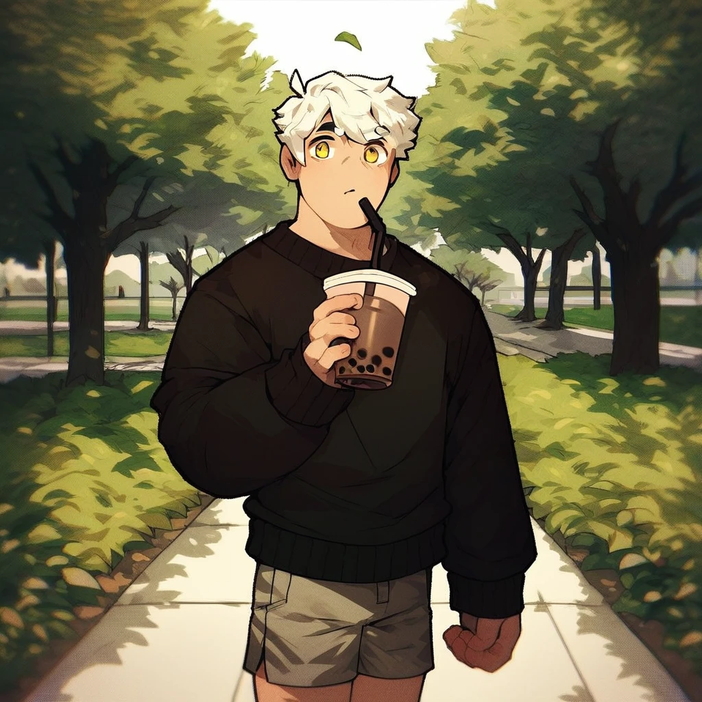 score_9_up, score_8_up, score_7_up, mikus-revereets, black body, white hair, yellow eyes, park, holding, bubble tea, black sweater, gray shorts, 1boy, solo