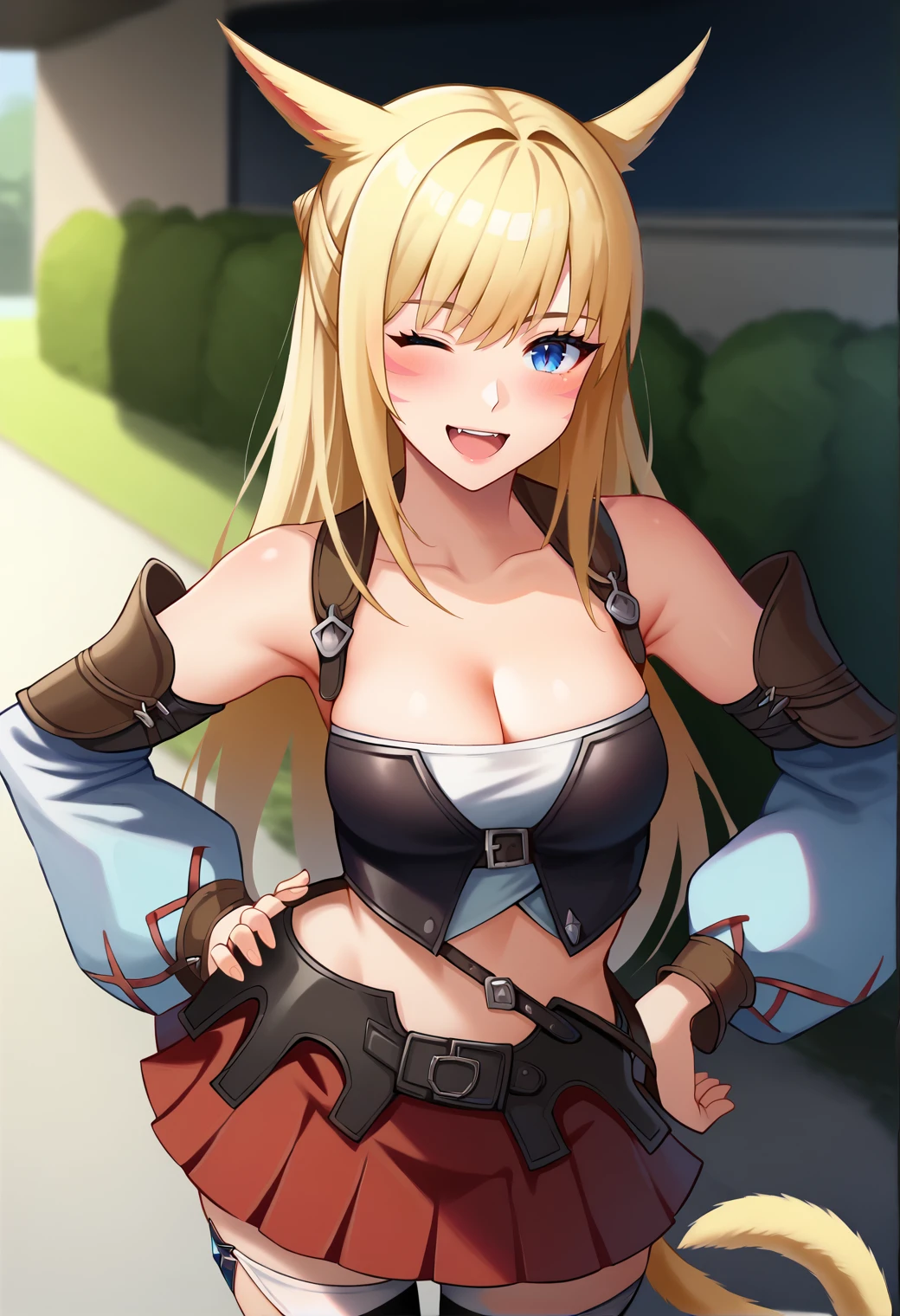 score_9, score_7_up, hd, (ultra hd quality details), source_anime, blurry background,
solo, 1girl, vc4riley, blonde hair, blue eyes, single hair bun,
miqo'te, cat tail, whisker markings, cleavage, crop top, detached sleeves, belt, bag, midriff, miniskirt, pleated skirt, red skirt, thighhighs, black thighhighs,
looking at viewer, blush, smile, one eye closed, open mouth, 
standing, hand on hip,
 <lora:_starting_outfit_miqote-elesico-pony-05:1> <lora:vc4riley-pdxl-nvwls-v1:0.85>