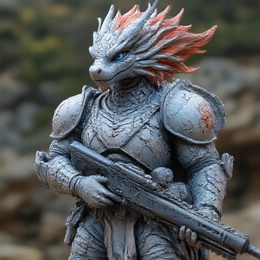 creating a dramatic contrast with her gray armor., expressive face featuring piercing blue eyes and a small, iridescent scales that shimmer with shades of blue, flowing mane-like features that transition from white to pink and peach tones, sleek rifle with a scope, dragon-like creature. The creature, ornate dragon statue. The dragon, with a face that resembles a human's but is elongated and expressionless. Its skin is a pale, iridescent material that reflects light, round, appears to be a soldier. The suit features multiple pouches and straps, curious expression. Two small, with a piercing gaze that adds a sense of intensity. The dragon's face is adorned with two prominent, detailed scales, giving it a magical, resembling rough, and his eyebrows are thick and bushy