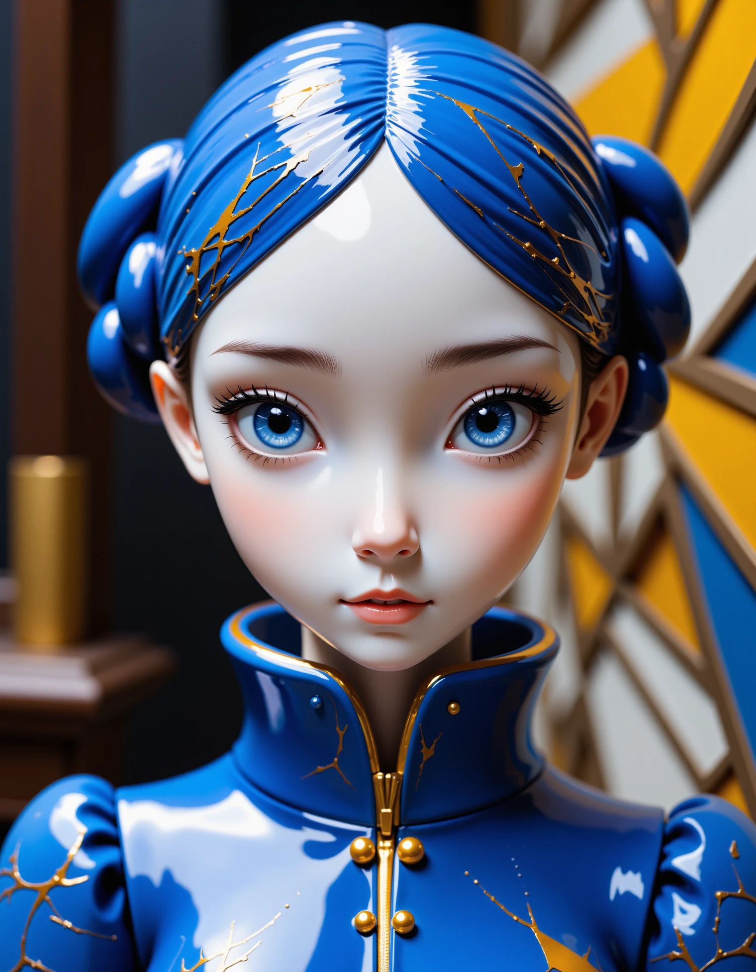 zavy-smthnm, a young woman made of delfts blauw porcelain with golden kintsugi cracks, cartoon style