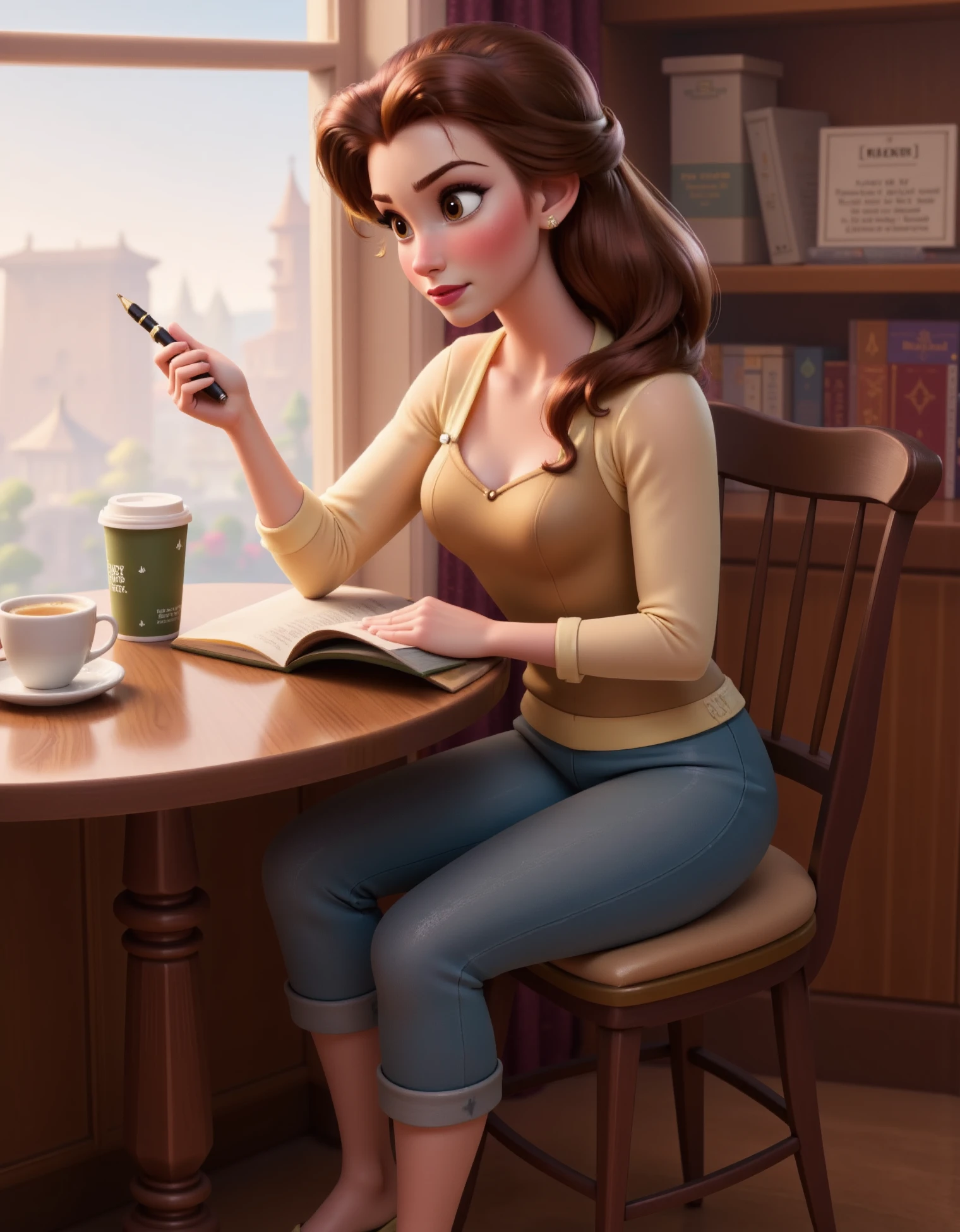 Belle, casual belle, Belle is sitting at a small, round table in a cozy coffee shop, wearing a cardigan over a fitted top and jeans, with ballet flats. She’s holding a cup of coffee in one hand and a pen in the other, writing in a journal with a thoughtful expression, disney style