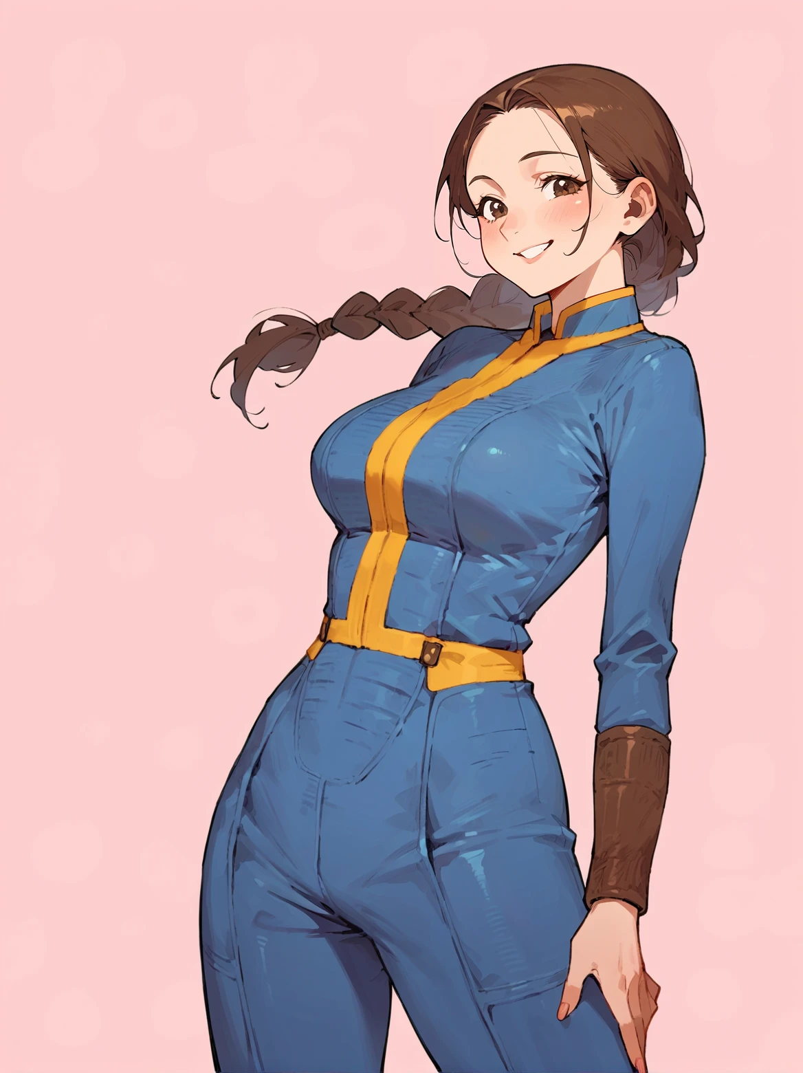 score_8_up, score_7_up, score_6_up, source_anime, 1girl, solo, simple background, pink background,
standing, pose, contrapposto, arched back, cowboy shot
braid, brown hair, mature female, smile
blue jumpsuit,   <lora:vaultjumpsuit:1>