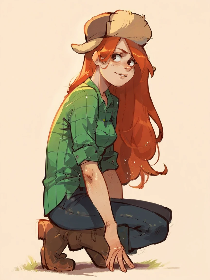 score_9, score_8_up, score_7_up, score_6_up, score_5_up,   <lora:WendyCXLP:1> wendyc, 1girl, solo, long hair, orange hair, hat, shirt, pants, freckles, boots, kneeling, curvy,