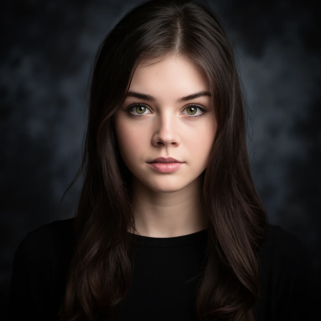 A portrait of elise_trouw with striking green eyes and long, straight black hair. She has a neutral expression and wears a black top. The dark background has a smoky texture, contrasting with the woman's green eyes. The image style is dramatic and evocative, emphasizing the subject's facial features and the texture of her hair.