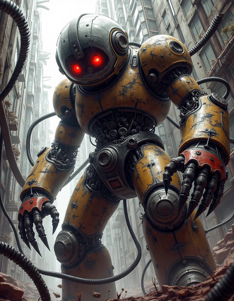 d1st0p14 ,  At the entrance of a shiny, chrome building in a futuristic city, a towering robot with a glass dome for a head and glowing red eyes stands guard, its claw-like hands poised to defend.
<lora:dystopia:0.7>