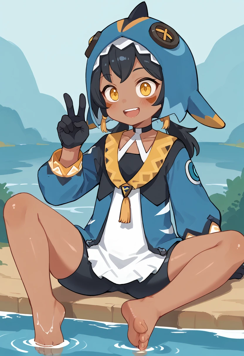 masterpiece, best quality, uncensored, source_anime, score_9, score_8_up, score_7_up, score_6_up, score_5_up, score_4_up, 1girl, solo, aminachief, dark-skinned female, black hair, low pigtails, yellow eyes, blue animal hat, shark hat, choker, facial mark, smile, open mouth, pinafore dress, blue jacket, long sleeves, shorts, bike shorts, black gloves, feet, feet in water, barefoot, sitting, v, peace sign, outdoors <lora:AminaChiefPeopleoftheSpring:0.8> <lora:CuteMixPDv4:0.75>