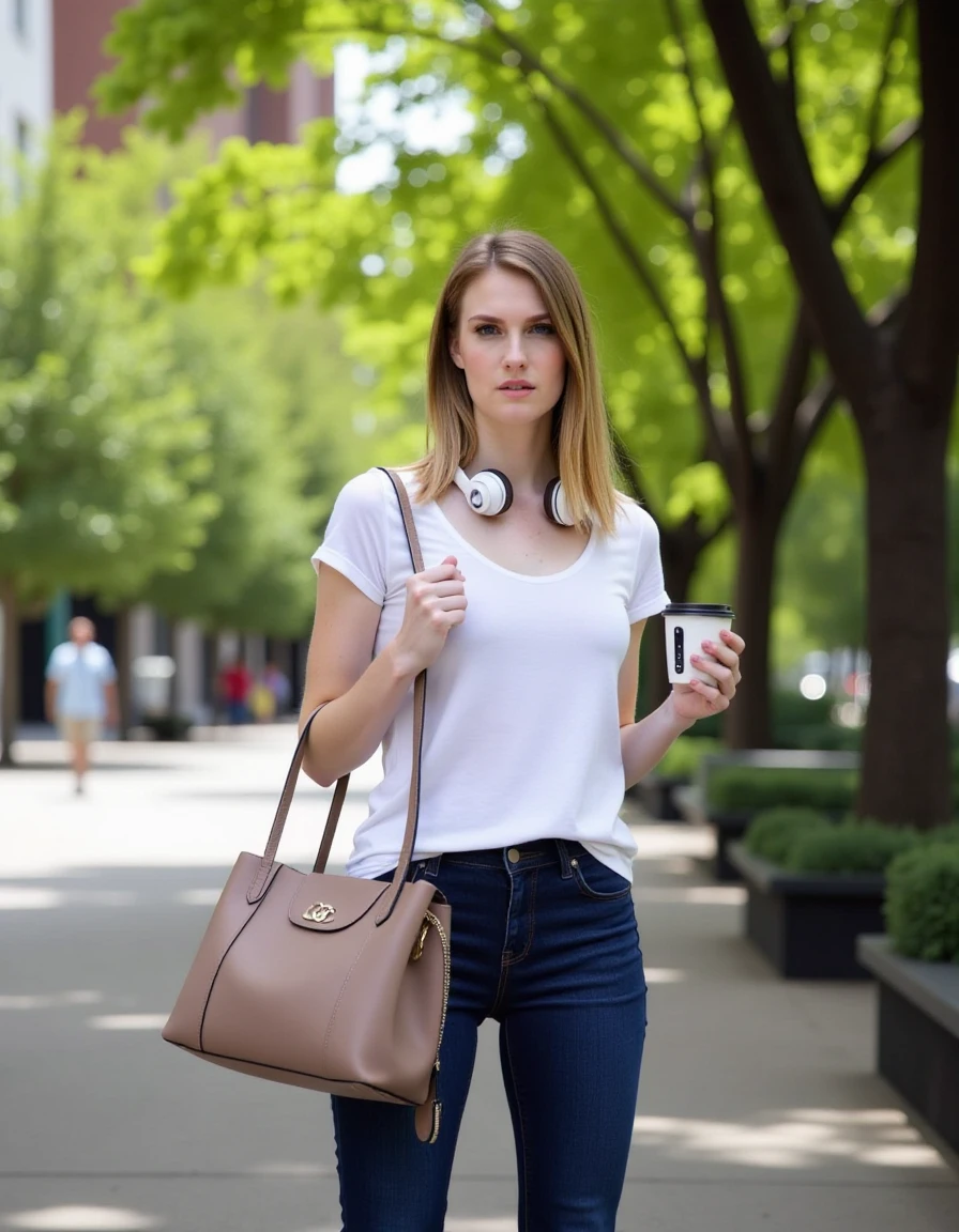 A photo of AshleyLane1 with shoulder-length, straight, blonde hair in an urban park, with a modern handbag and headphones, casually walking her dog through tree-lined pathways. <lora:ashleylane1_epoch_1:1> A stylish AshleyLane1 with shoulder-length, straight, blonde hair sipping coffee at a modern café, holding her smartphone, dressed in casual chic attire. <lora:ashleylane1_epoch_1:1>