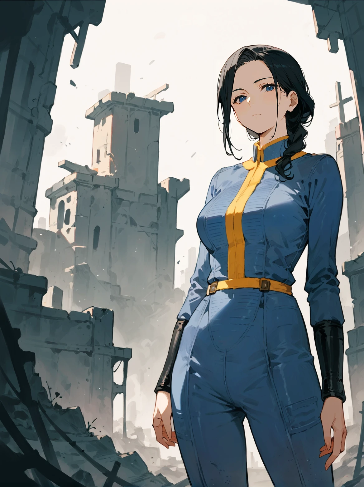 score_8_up, score_7_up, score_6_up, source_anime, 1girl, solo, 
post-apocalypse, ruins, abadoned, expressionless
black hair, mature female, 
blue jumpsuit,   <lora:vaultjumpsuit:1>