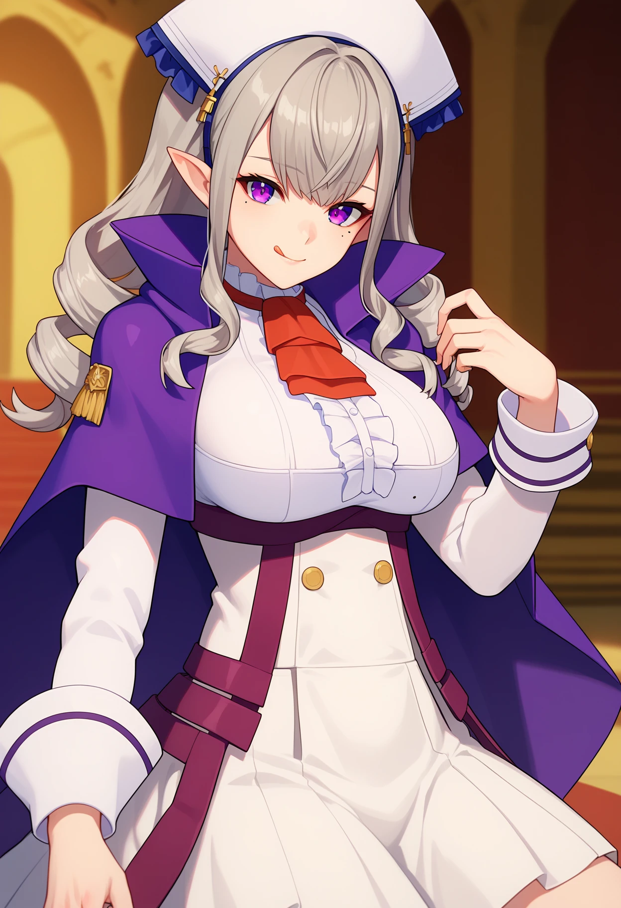 score_9, score_8_up, score_7_up, source_anime,
BREAK
1girl, solo, 
<lora:shiSophiaKV2:1.0>, sophiadef, grey hair, long hair, purple eyes, drill hair, mole under eye, pointy ears,
cape, long sleeves, hat, ascot, large breasts,
white skirt, 
looking at viewer, light smile, ;p, tongue out,