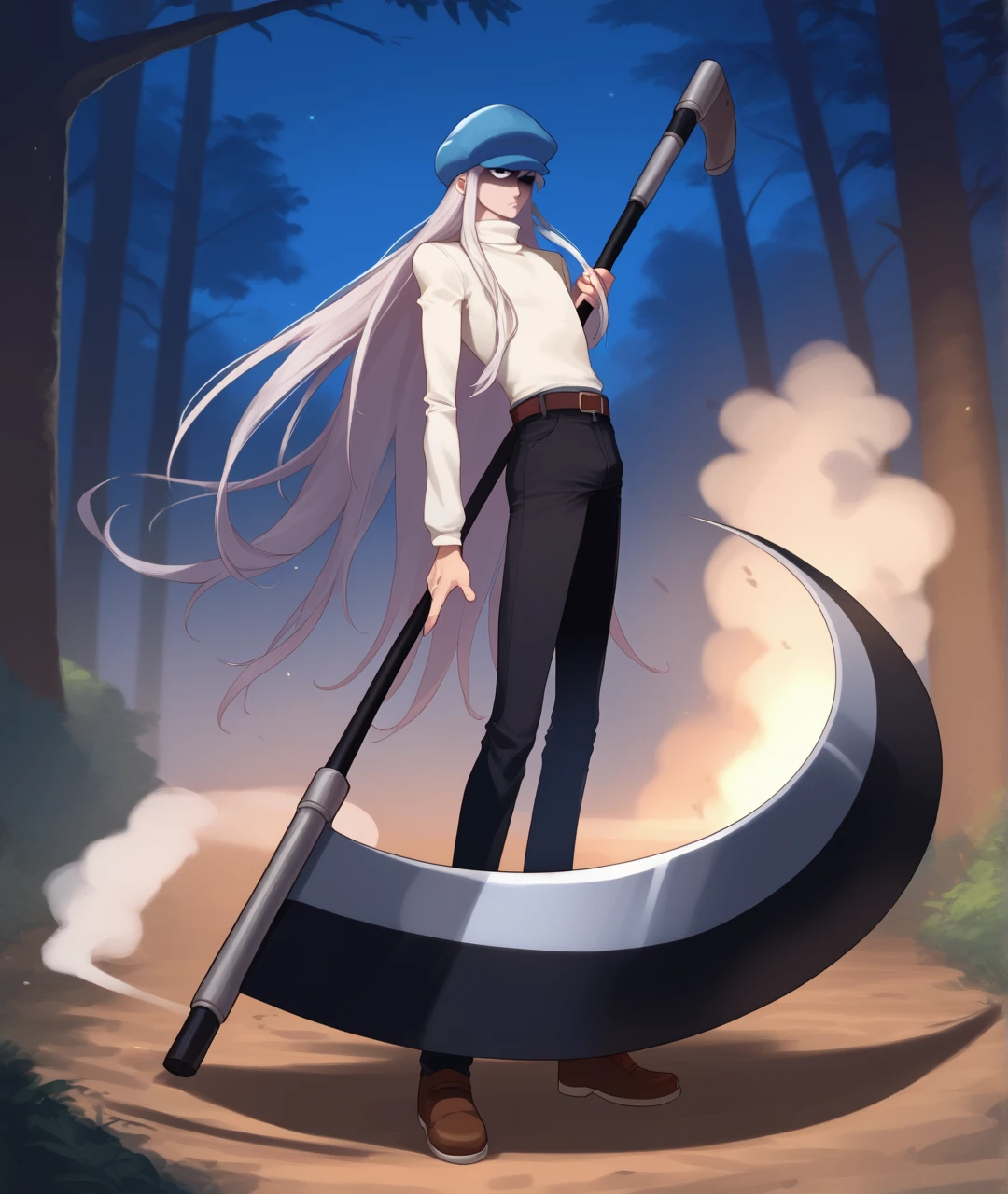 score_9, score_8, score_7, score_6_up, source_anime, outdoors,forest,night,smoke, 
BREAK
1boy, solo, male focus, hxhkite, androgynous, white hair, grey hair, very long hair, cabbie hat, white shirt, turtleneck, black pants, belt, messy hair, jitome,  half-closed eyes, looking at viewer, holding scythe, fighting stance, shaded face, determined,standing, 
 <lora:hxhkite-ravenfoot-v1final:0.8>