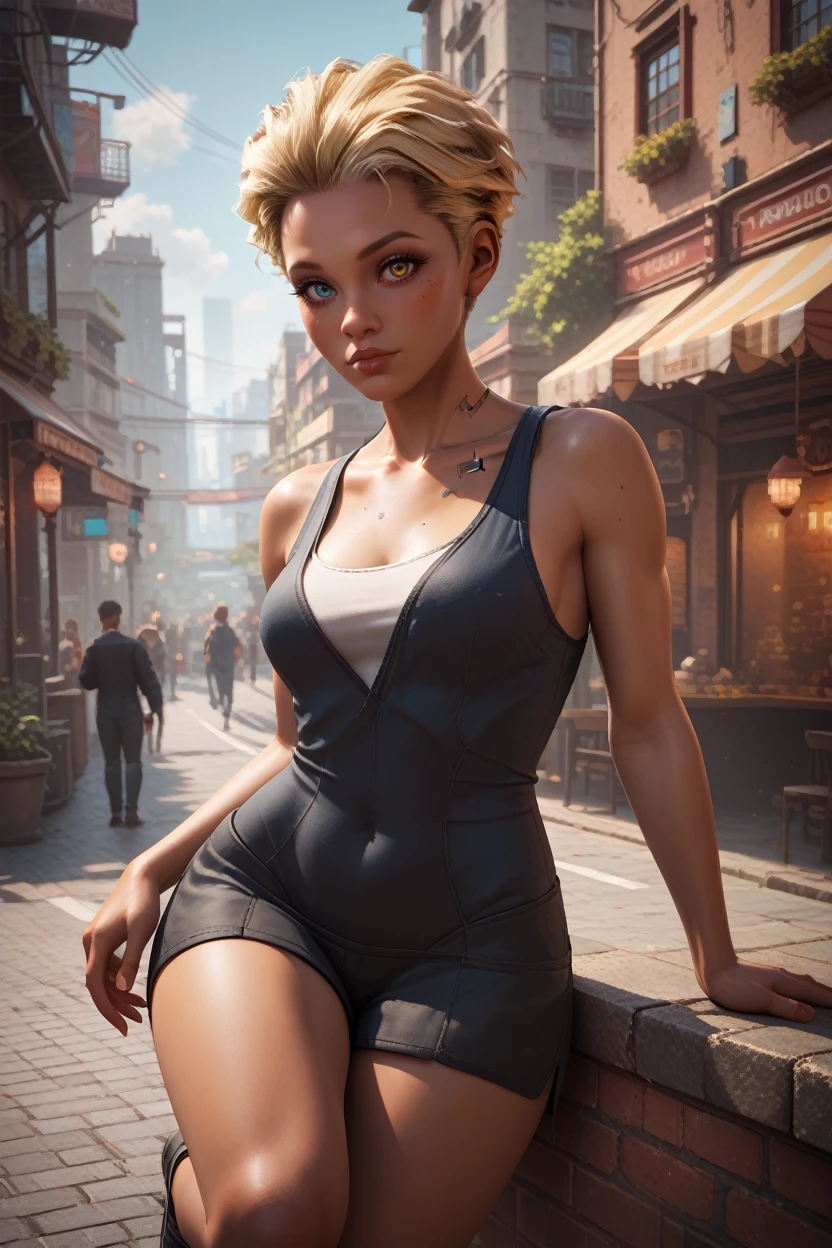 score_9, score_8_up, score_7_up, score_6_up
<lora:CyberAlex:0.8>
CyberAlex, 1girl, dark skin, short hair, blonde hair, heterochromia, cyberpunk, looking at viewer, posing on a cobblestone street, one foot on the ground, other leg bent slightly, European city architecture in the background, warm evening glow, stylish and urban atmosphere