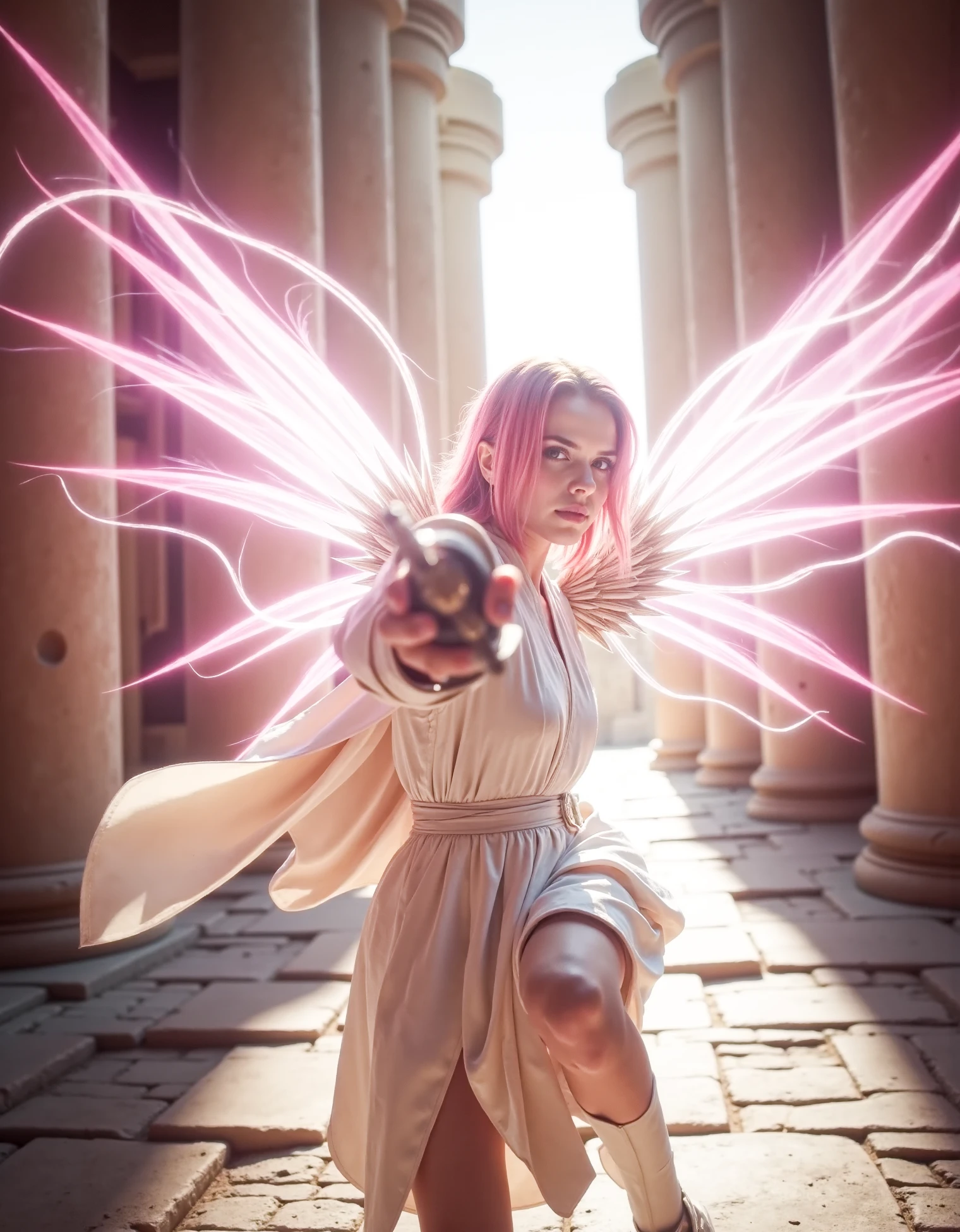 zavy-thrlngl, close-up action portrait shot of a female angel with pink ethereal wings wearing a white silk robe in a temple in combat with her sword aimed at the camera at dawn with light shining through the pillars, godrays, pink hair, dynamic pose, action pose, dynamic angle