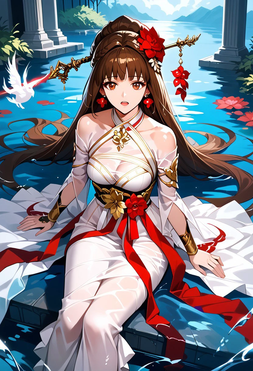 score_9,score_8_up,score_7_up,source_anime, DIVINERESS_(DUNGEON_AND_FIGHTER),1girl,solo,breasts,looking at viewer,open mouth,brown hair,hair ornament,dress,holding,jewelry,bare shoulders,sitting,flower,earrings,lying,hair flower,on back,white dress,water,see-through,