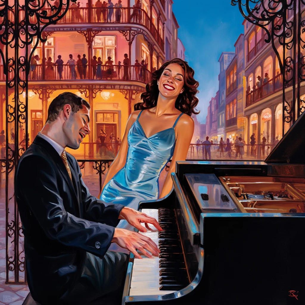 Kaistyle, This art depicts a vibrant and intimate scene in a lively urban setting. A talented pianist plays passionately on a grand piano, his face showing deep emotion and connection to the music. Beside him stands a glamorous woman in a shimmering blue dress, leaning towards him with a joyful expression, fully absorbed in the melody. In the background, a bustling building filled with warm, inviting lights captures a lively evening atmosphere, with silhouettes of people enjoying the night from the balconies. Ornate ironwork frames the scene, enhancing the overall sense of warmth, music, and connection in this urban nightlife moment