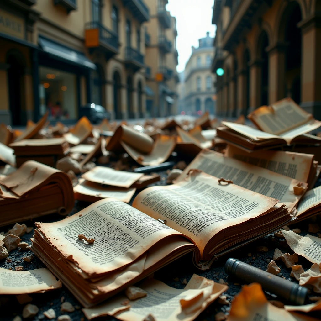 Ancient books lying in the street, pages fluttering in the breeze, decaying, fragile.

urbndcyCE style