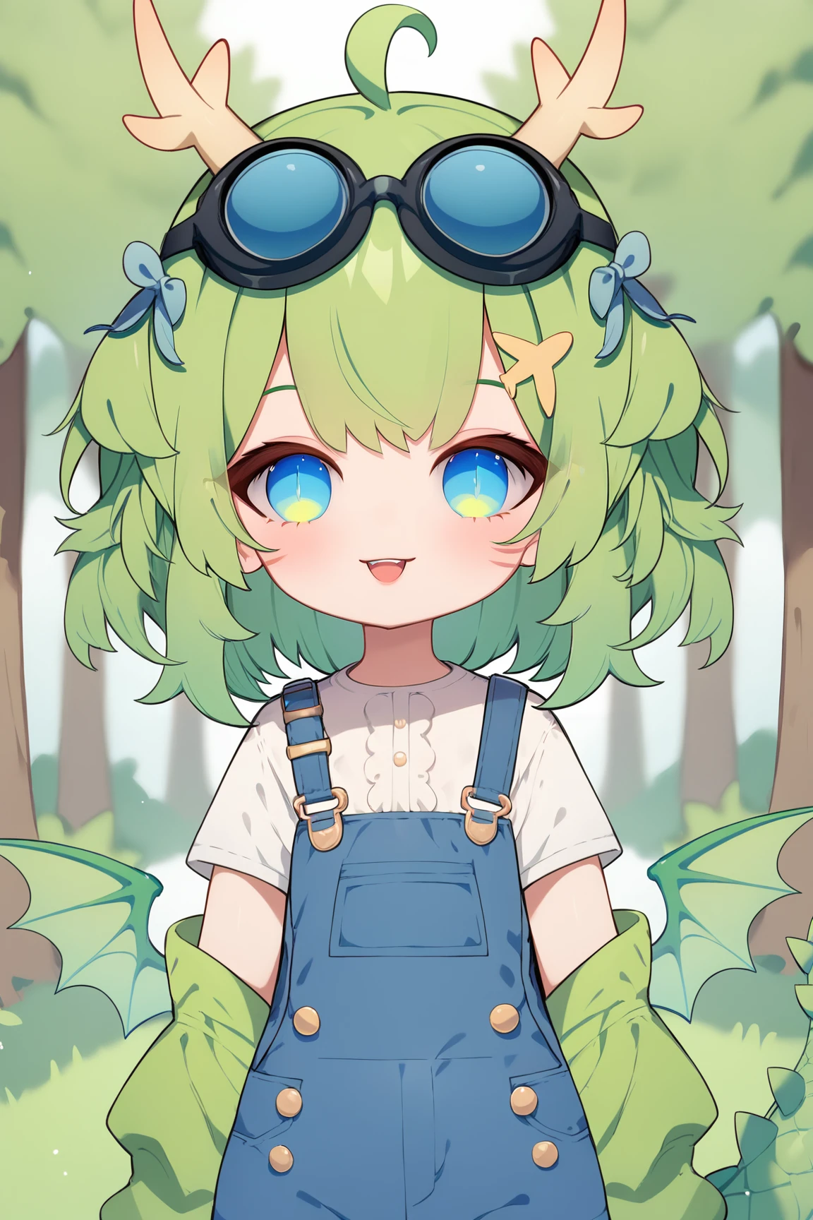 score_9, score_8_up, score_7_up, score_6_up, BREAK, DragonGirlPVTXLv2, blue eyes, multicolored eyes, green hair, short hair, hair ornament, bangs, ahoge, googles on head, horns, flat chest, dragon tail, green wings, green jacket, off shoulder jacket, white shirt, short sleeves, blue overalls, solo, front view, (portrait, upper body), solo focus, looking at viewer, seductive smile, (forest), <lora:DragonGirlPVTXLv2:0.9>